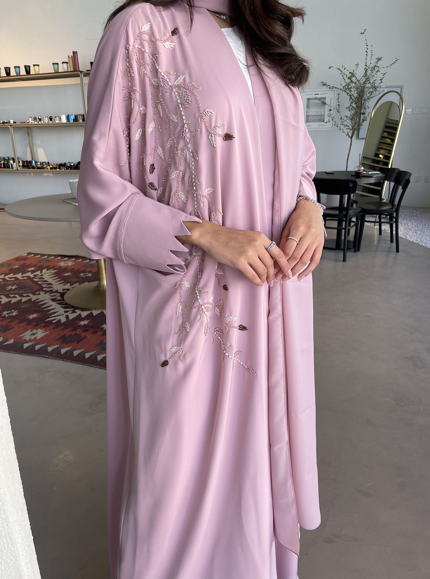 S113 - Pink bisht abaya with crystals