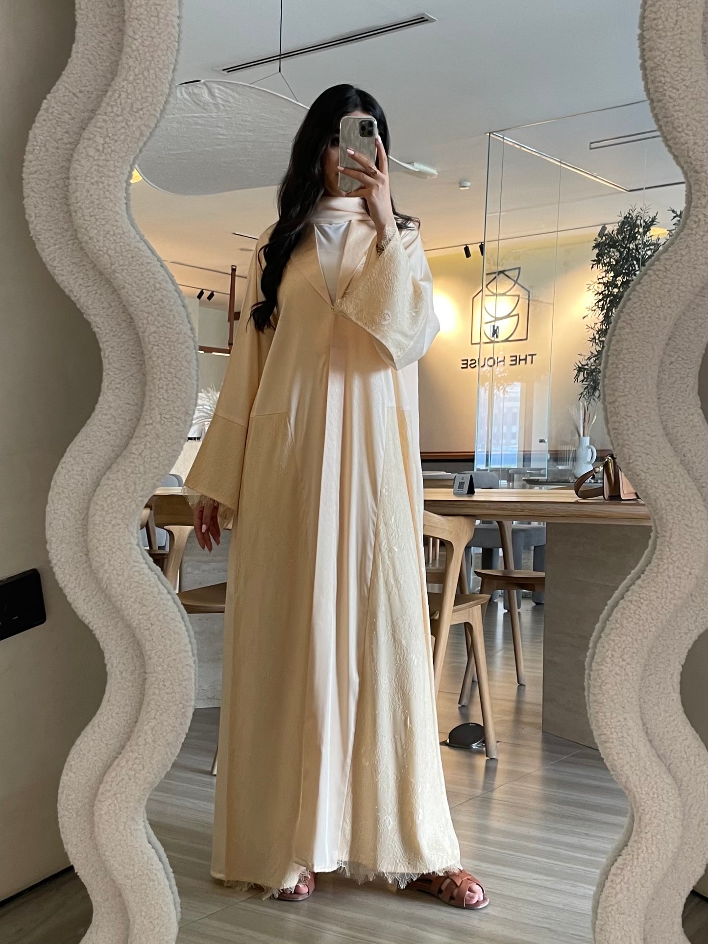 S393 - Shinny straight cut beige abaya