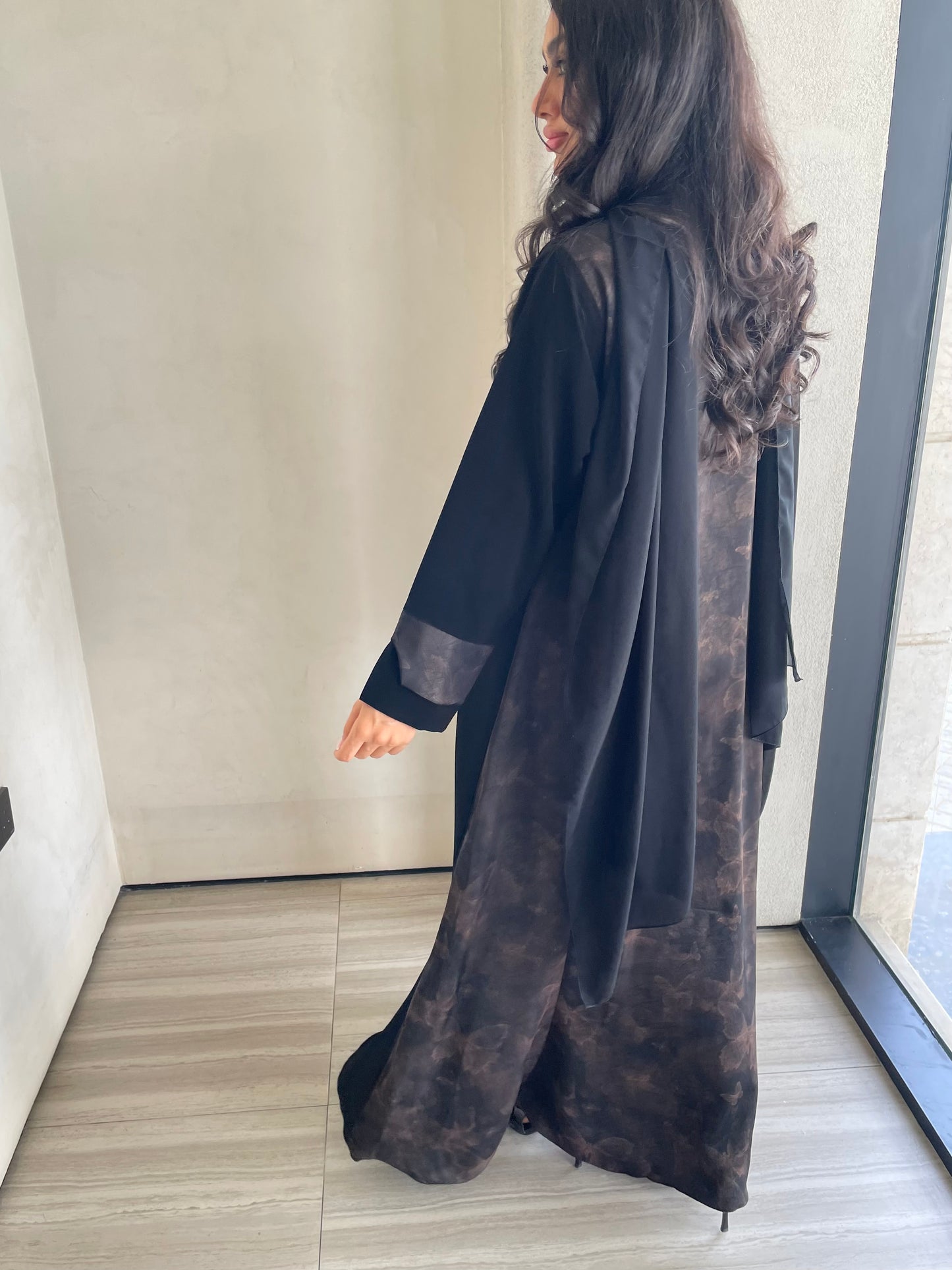 S408 - Black abaya with butterfly print.
