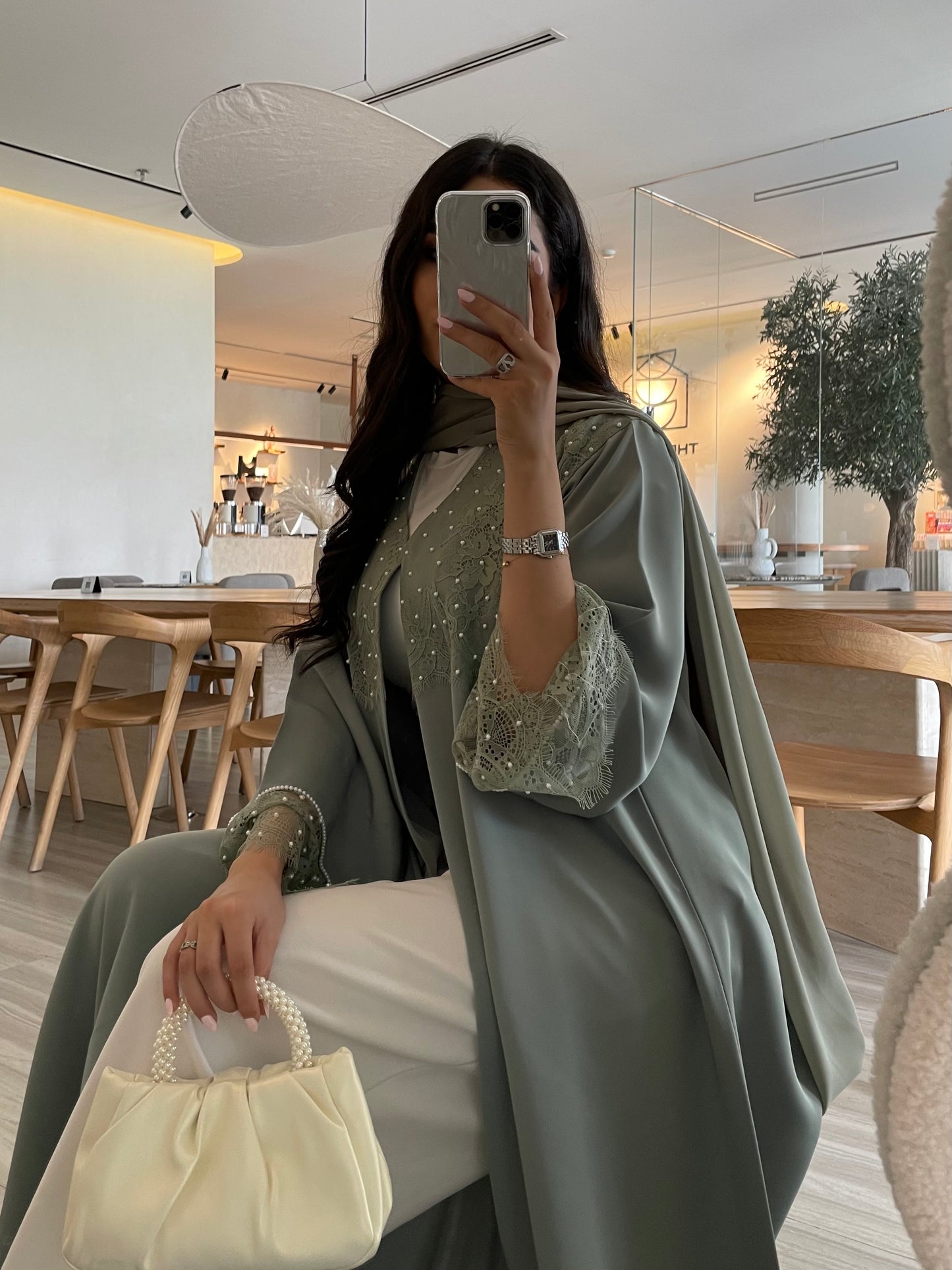 S390 - Light green dantel abaya