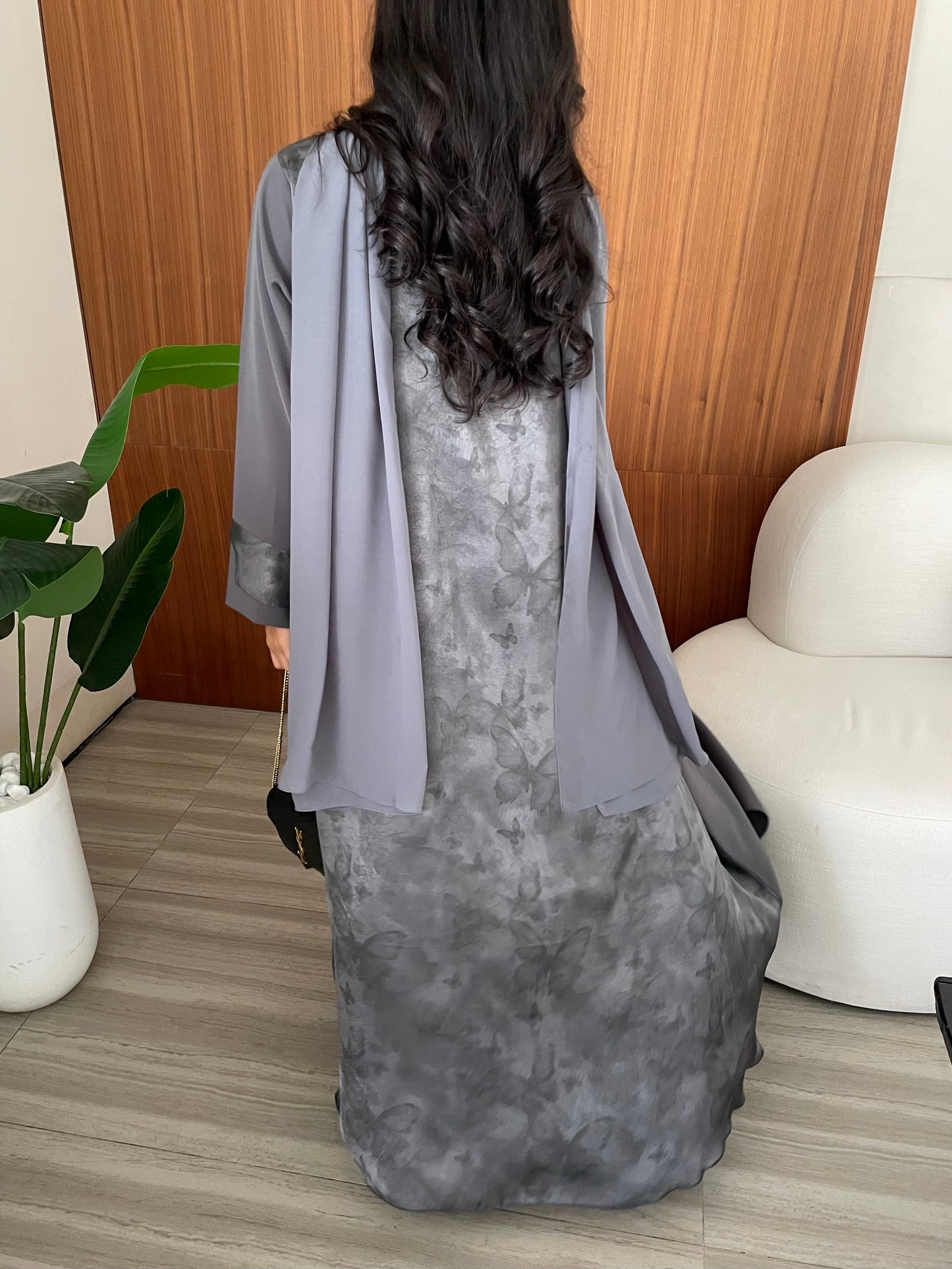 S410 - Grey abaya with butterfly print