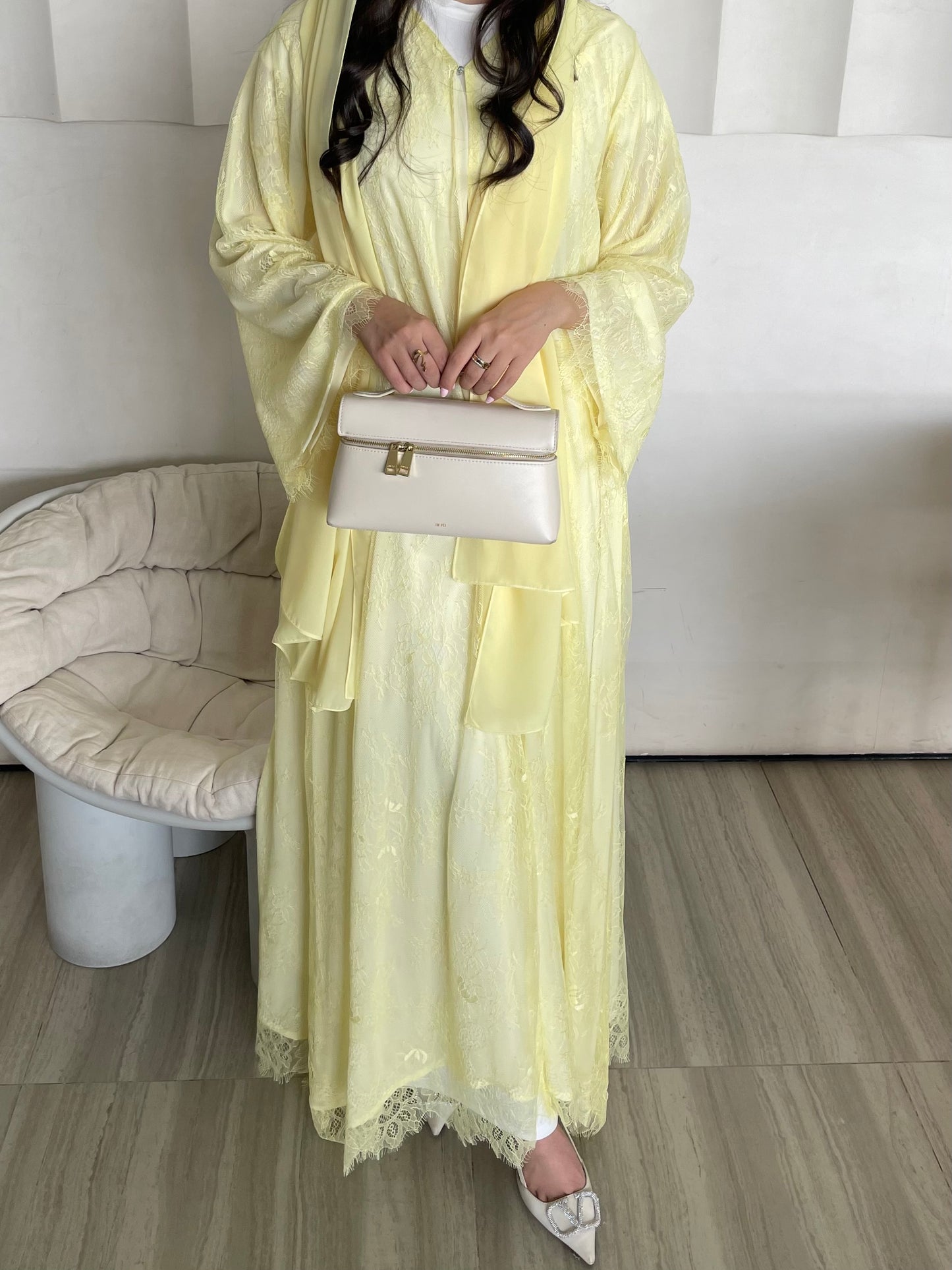 S399 - Butter yellow dantel abaya