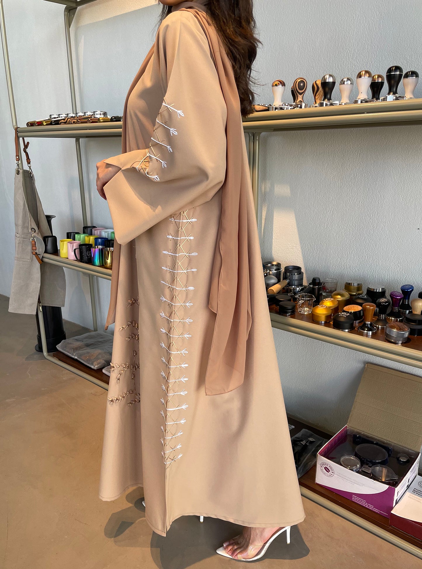 S110 - straight cut beige abaya with strings