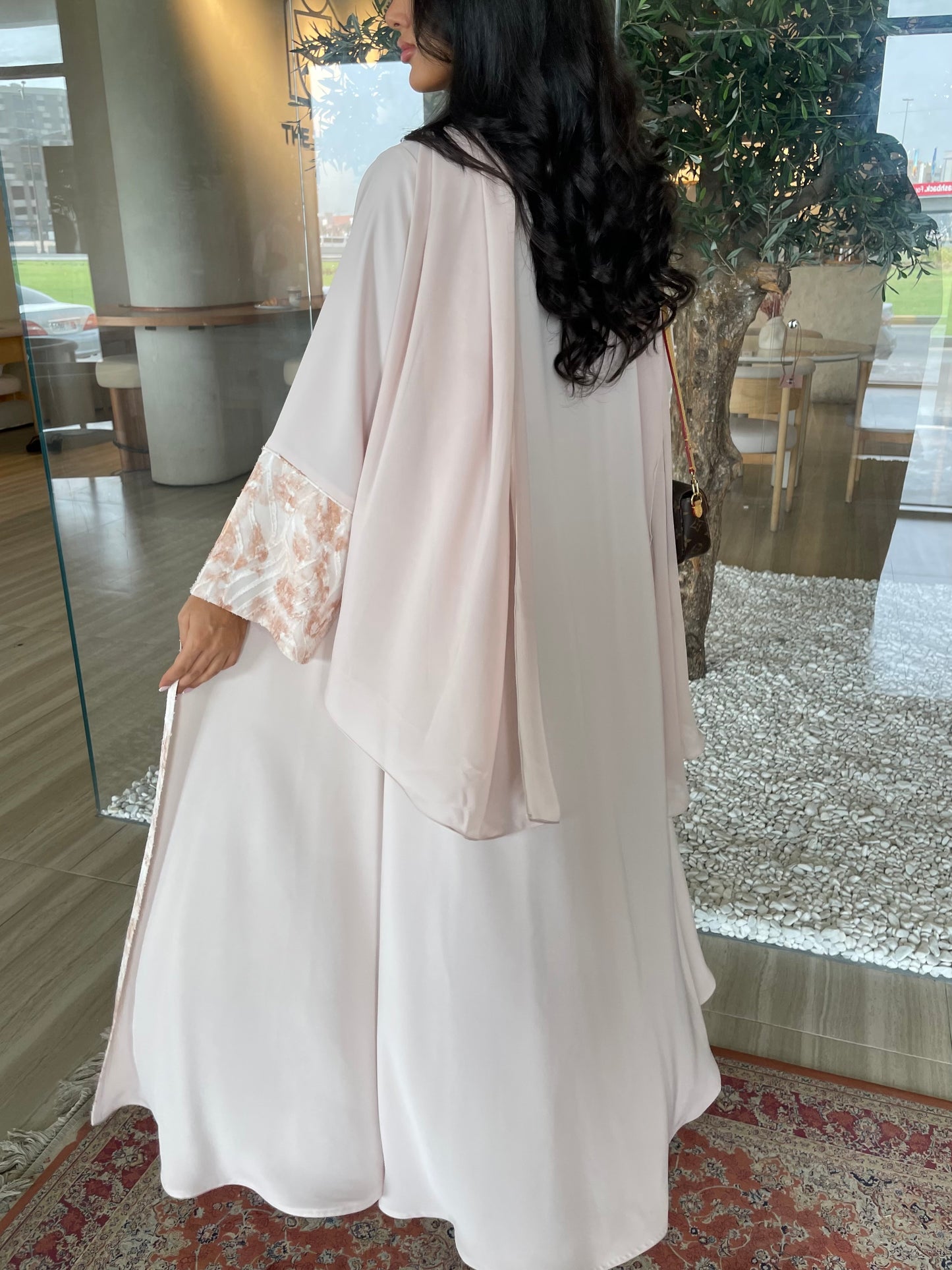 S407 - Beige abaya dusty fabric sleeves