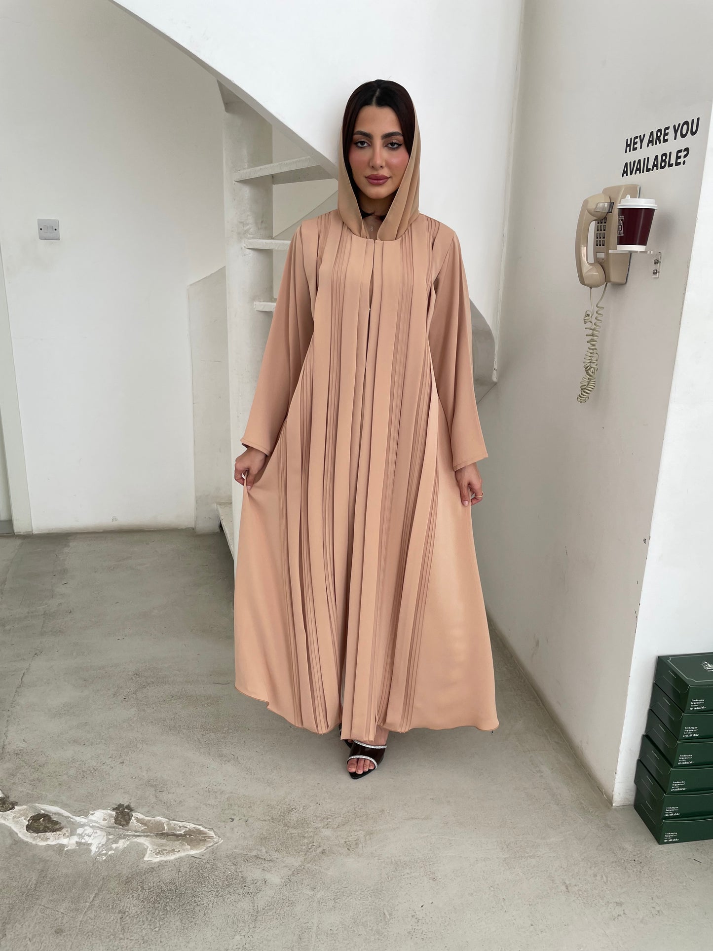 S355 - beige A shape abaya with headscarf.