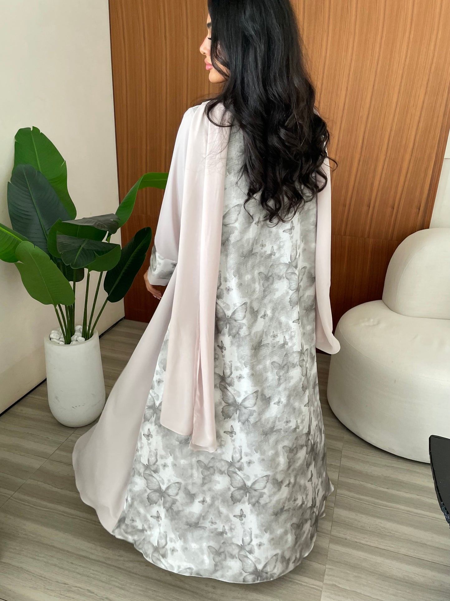 S409 - Creamy abaya with butterfly print.