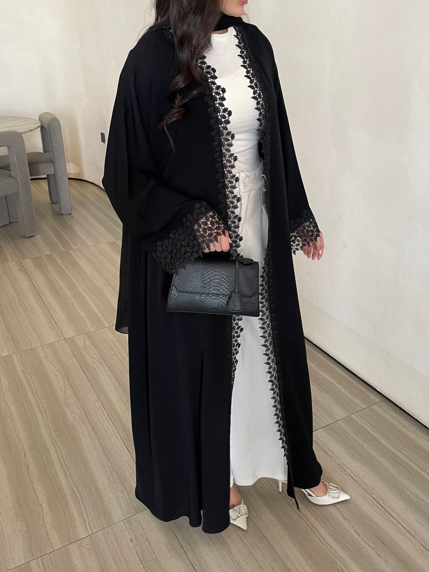 S395 - light fabric black abaya with dantel