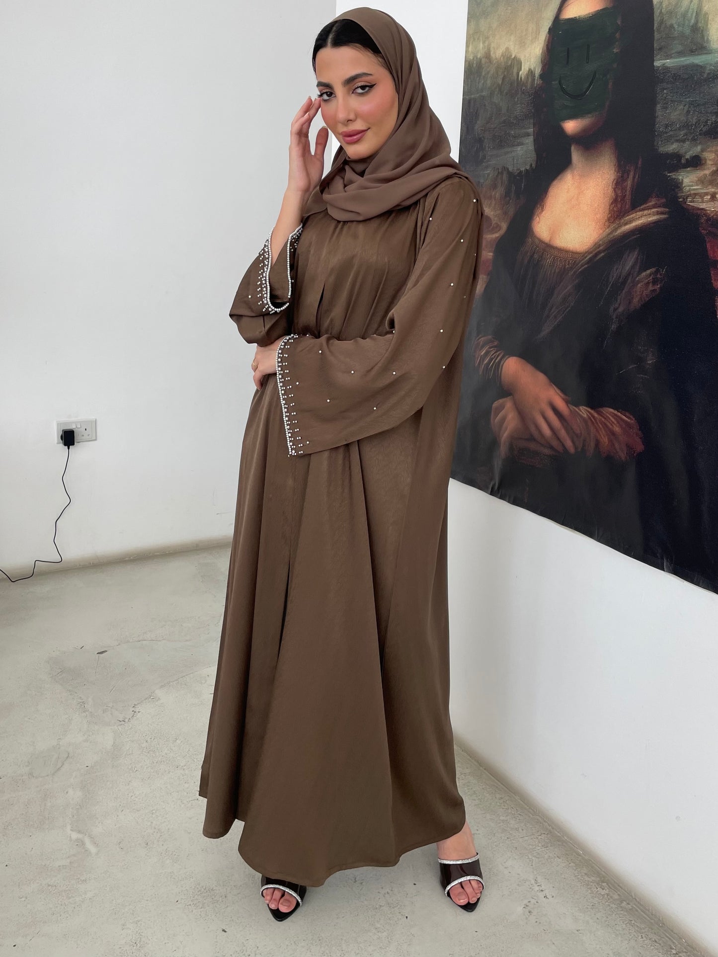 S360 - Brown straight cut abaya with pearls.