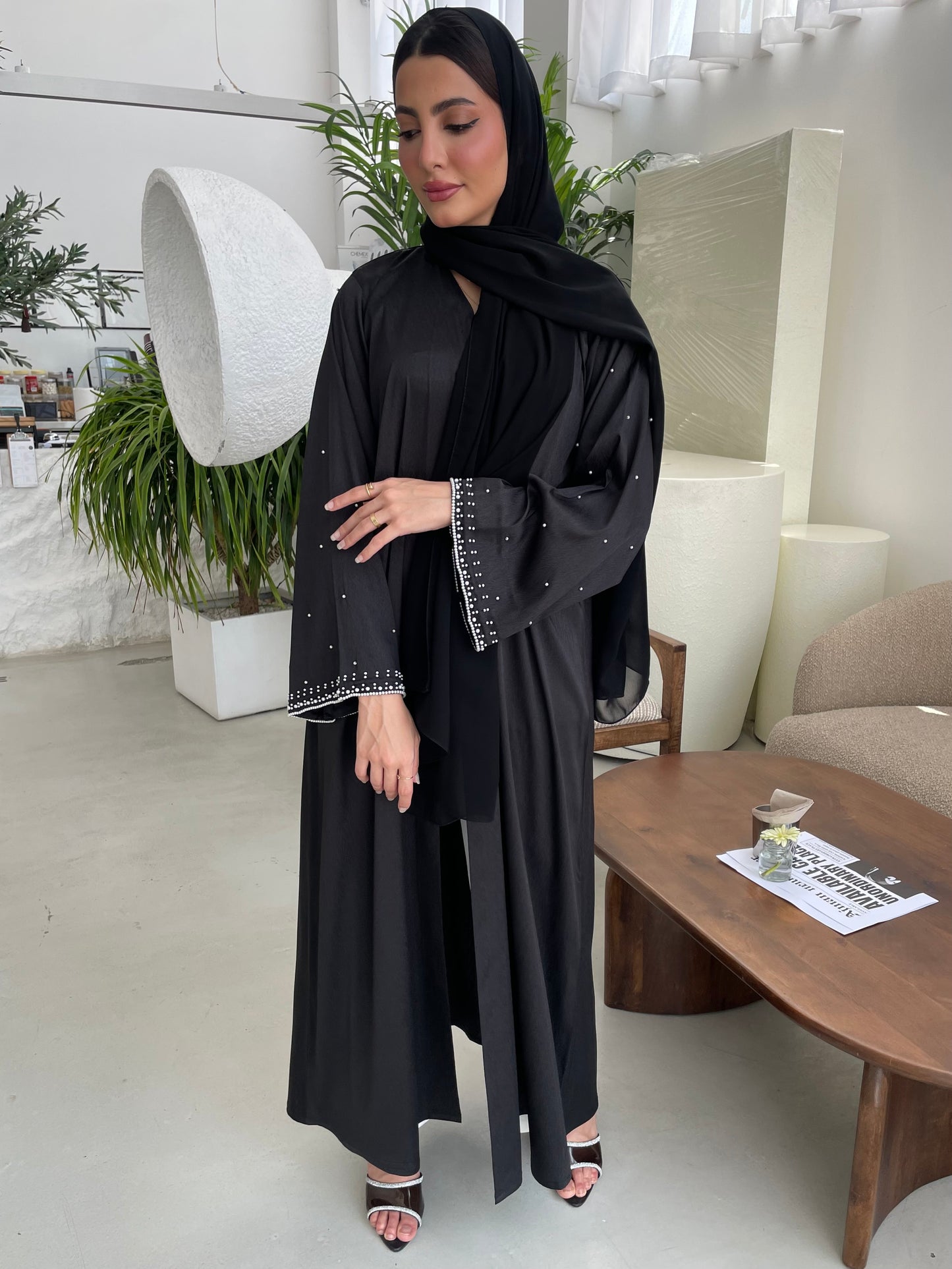 S358 - Black straight cut abaya with pearls.