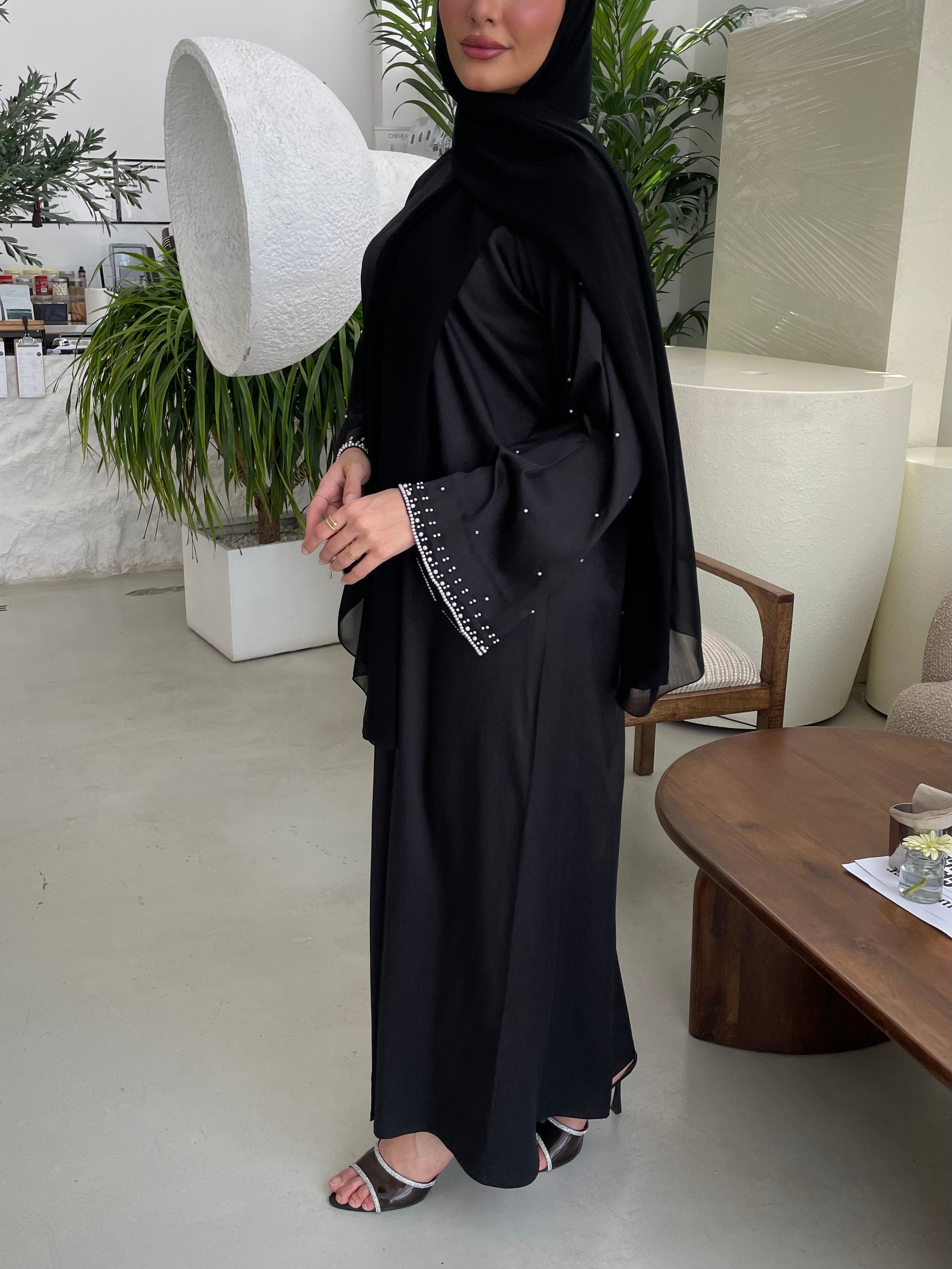 S358 - Black straight cut abaya with pearls.