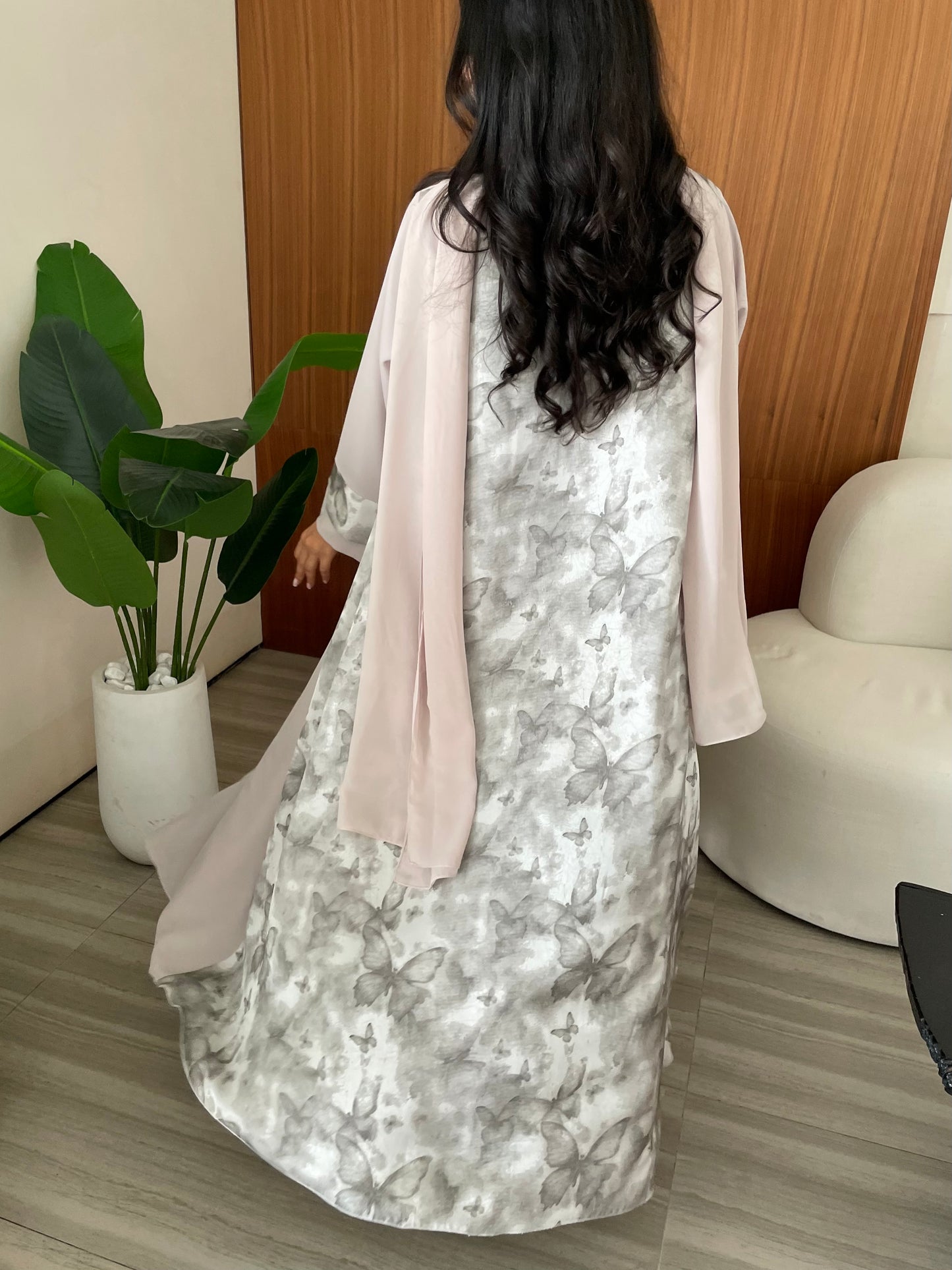 S409 - Creamy abaya with butterfly print.