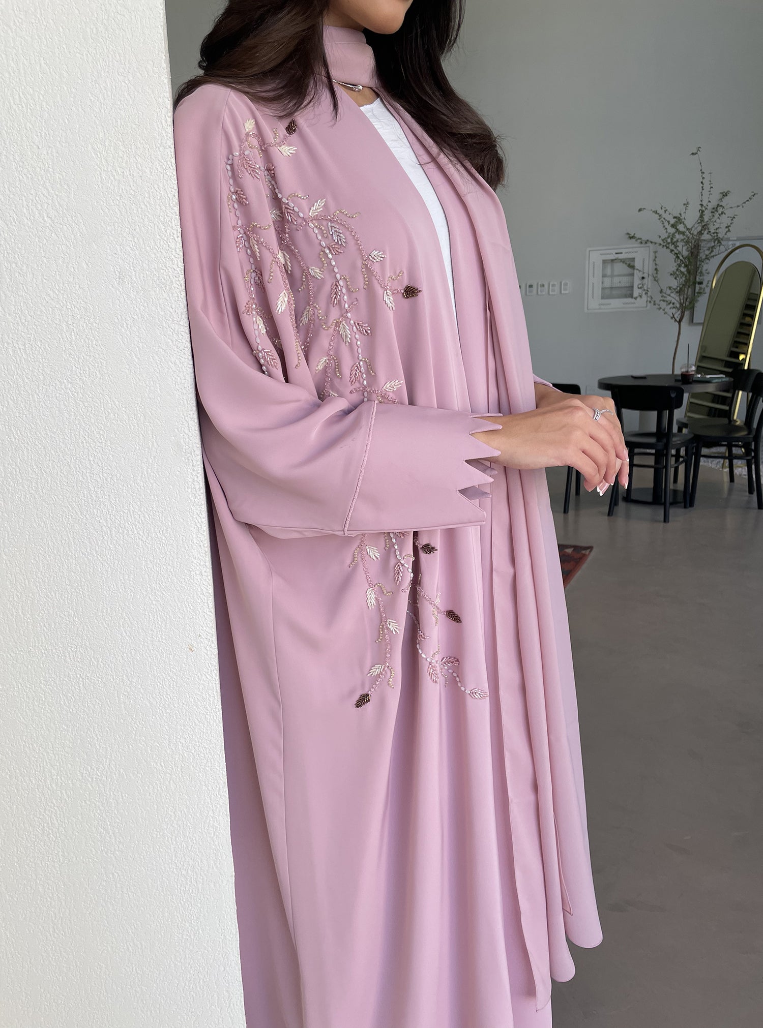 S113 - Pink bisht abaya with crystals