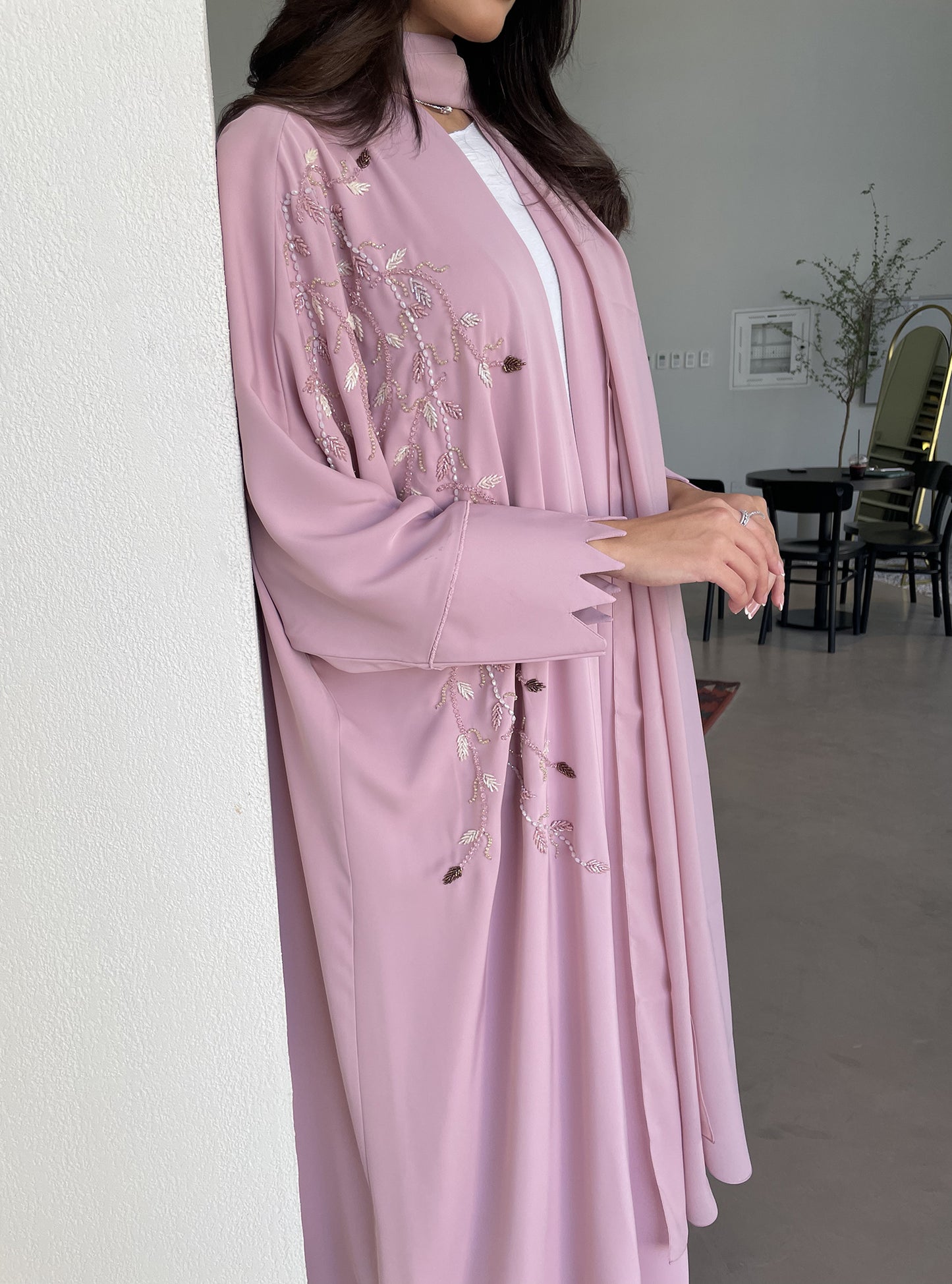 S113 - Pink bisht abaya with crystals
