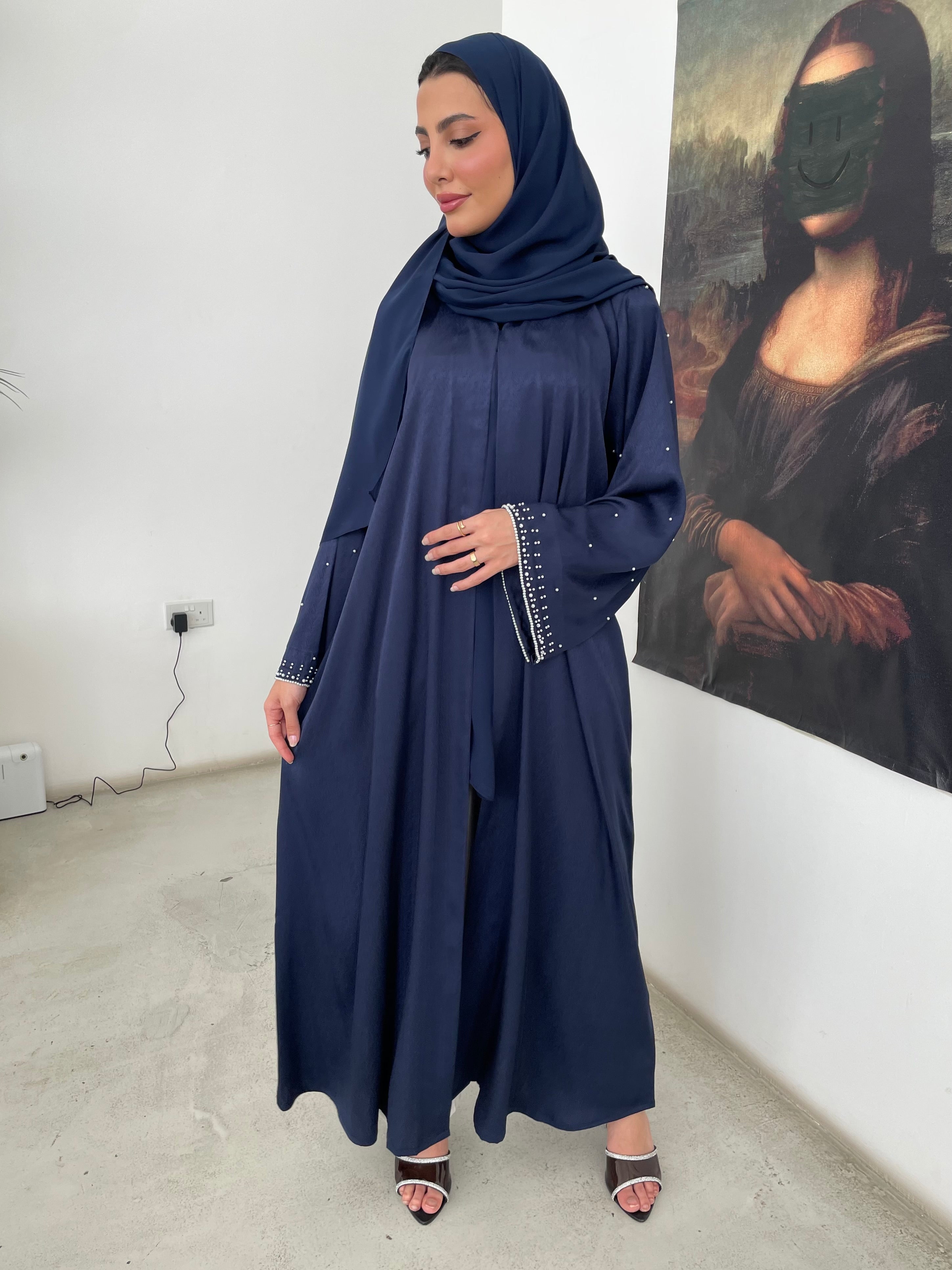 S359 - Navy blue straight cut abaya with pearls.