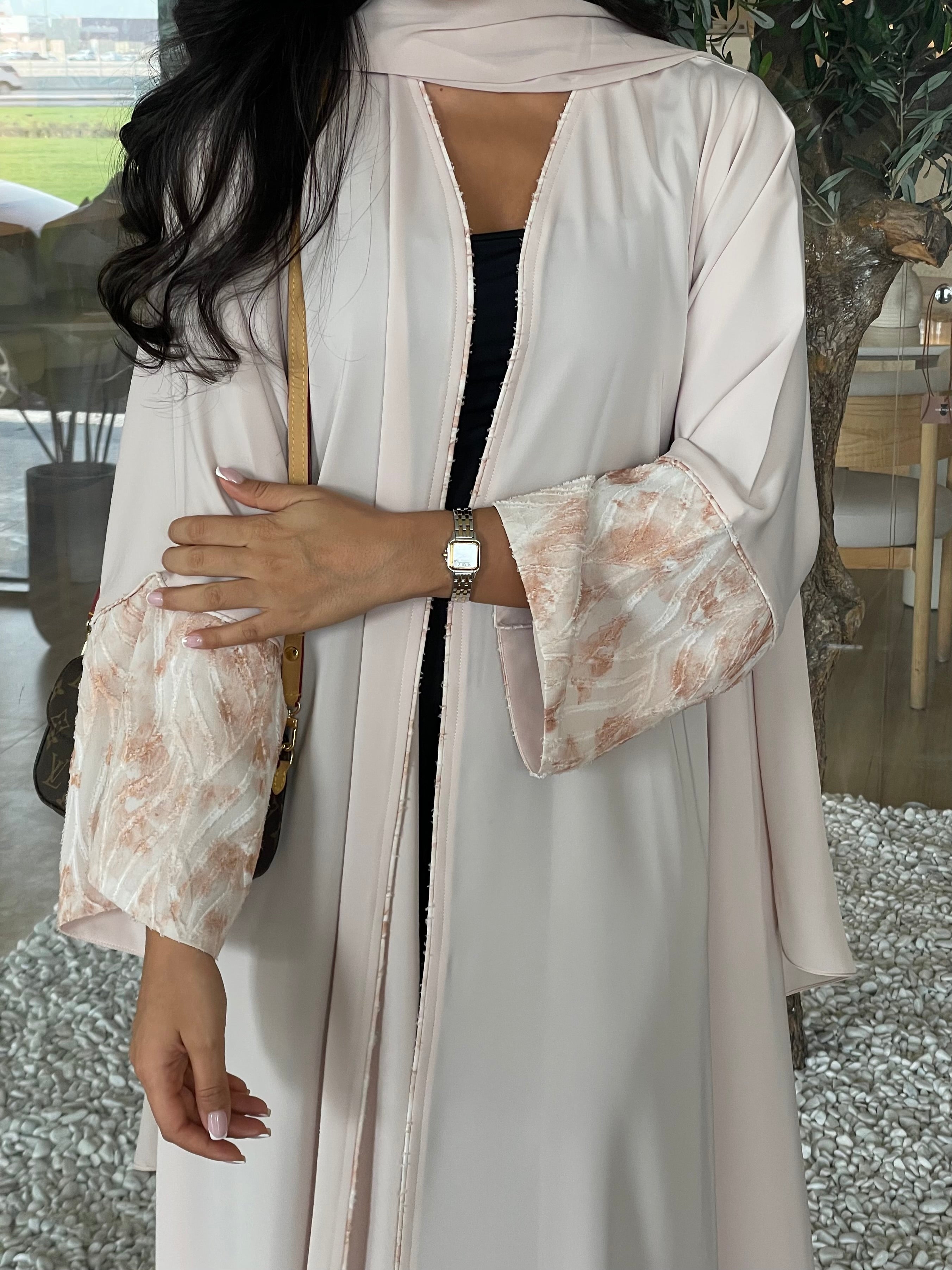 S407 - Beige abaya dusty fabric sleeves