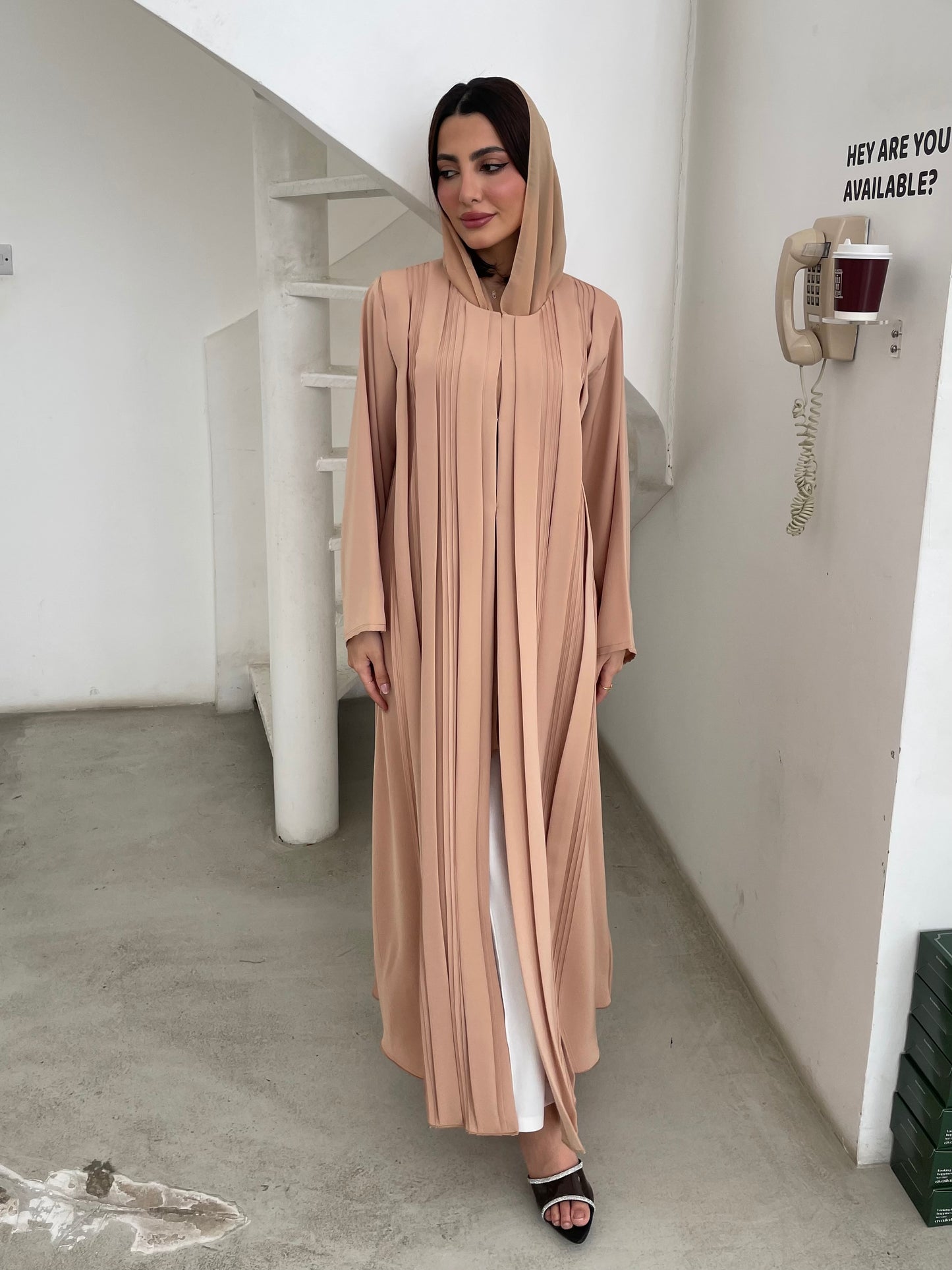 S355 - beige A shape abaya with headscarf.