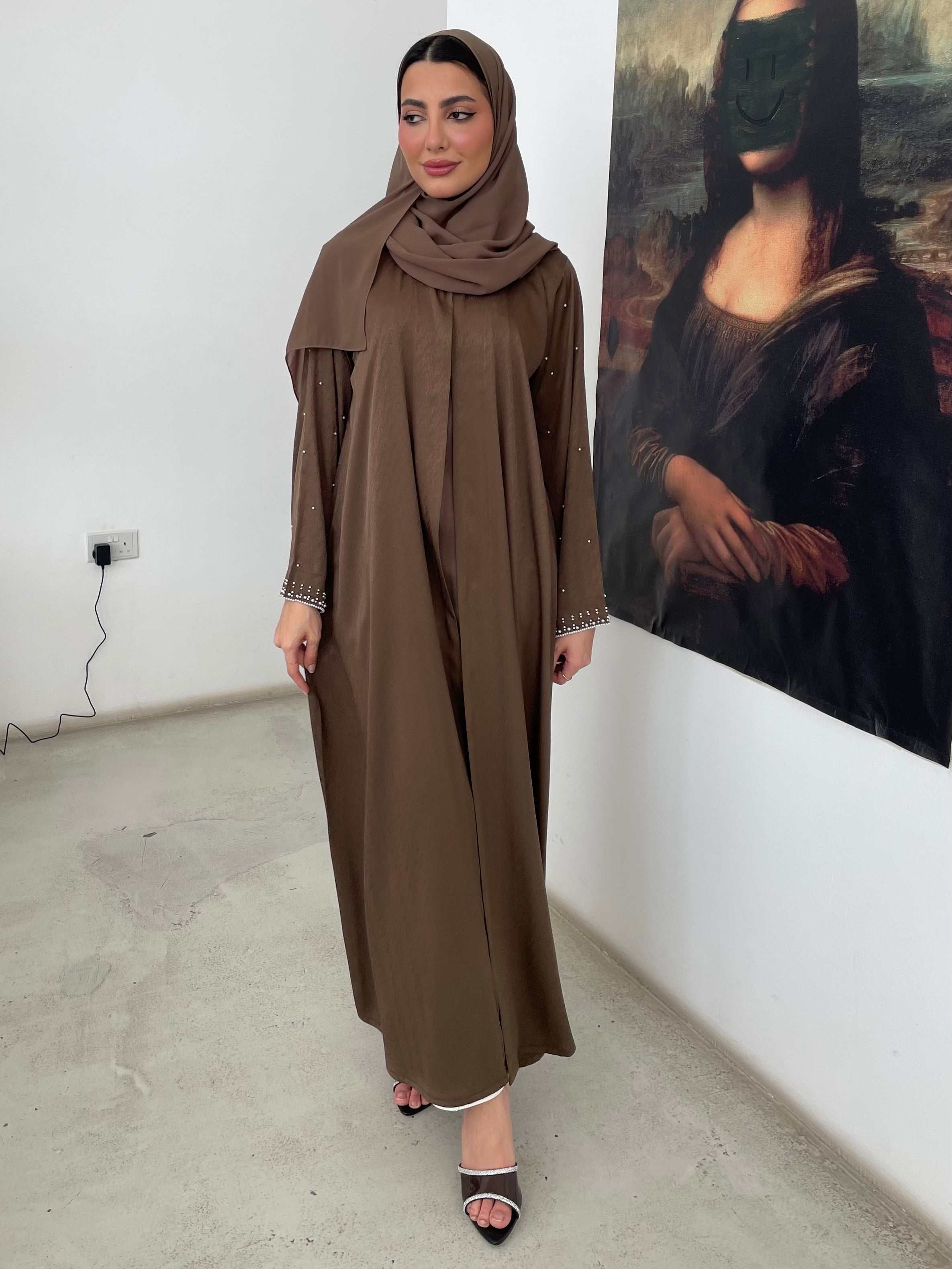 S360 - Brown straight cut abaya with pearls.