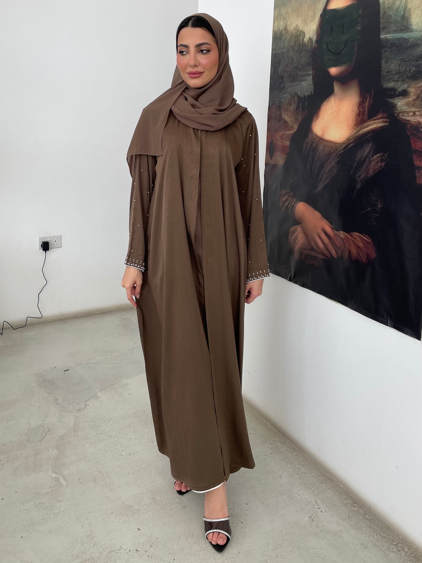 S360 - Brown straight cut abaya with pearls.