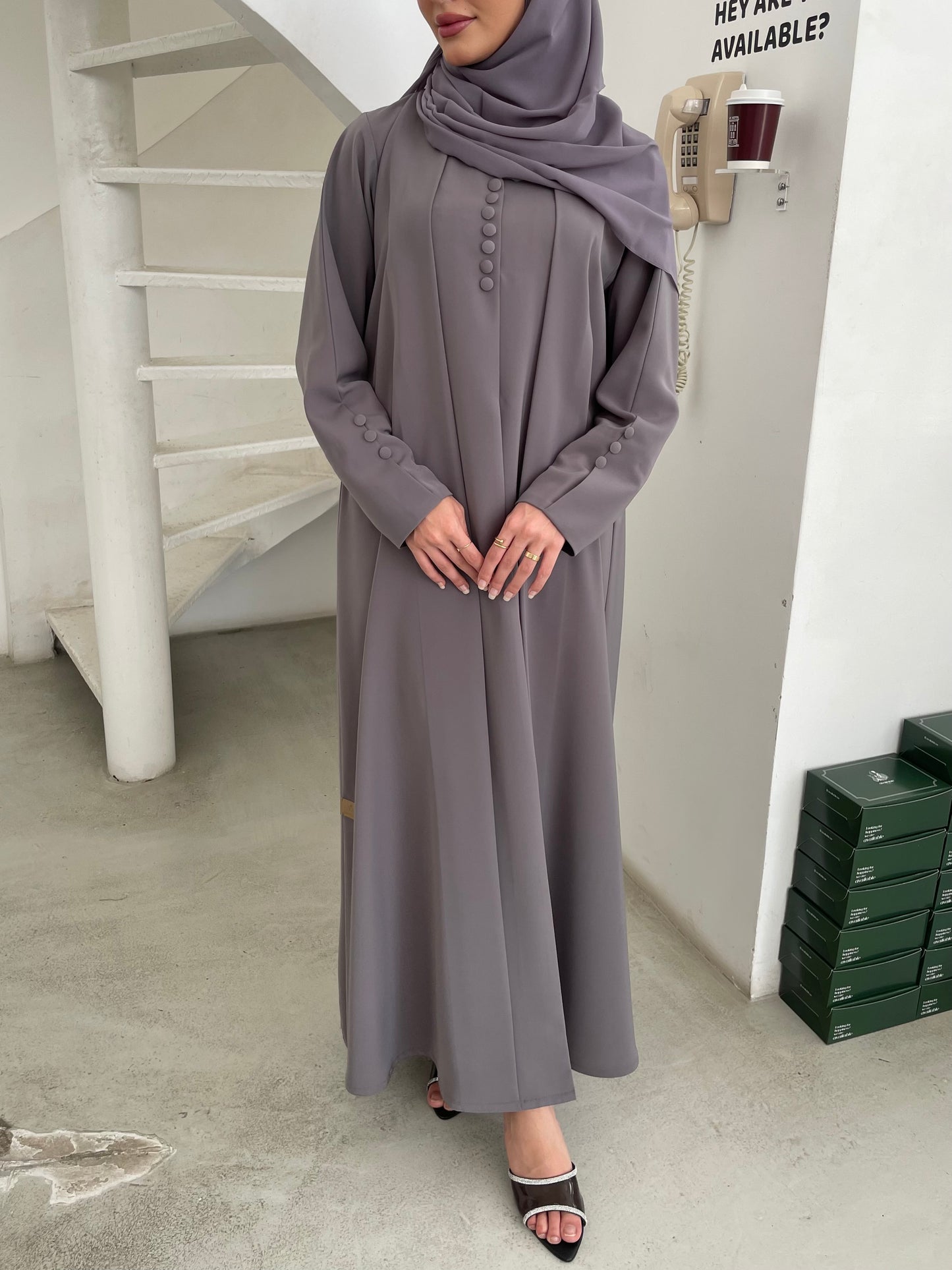 S357 - Grey formal abaya & headscarf.