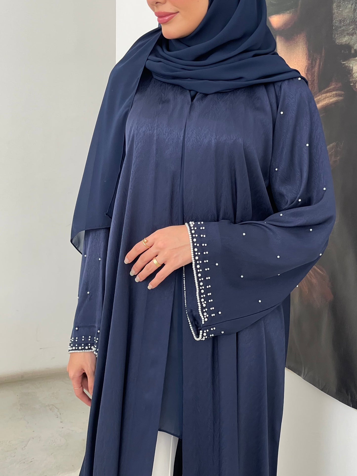 S359 - Navy blue straight cut abaya with pearls.