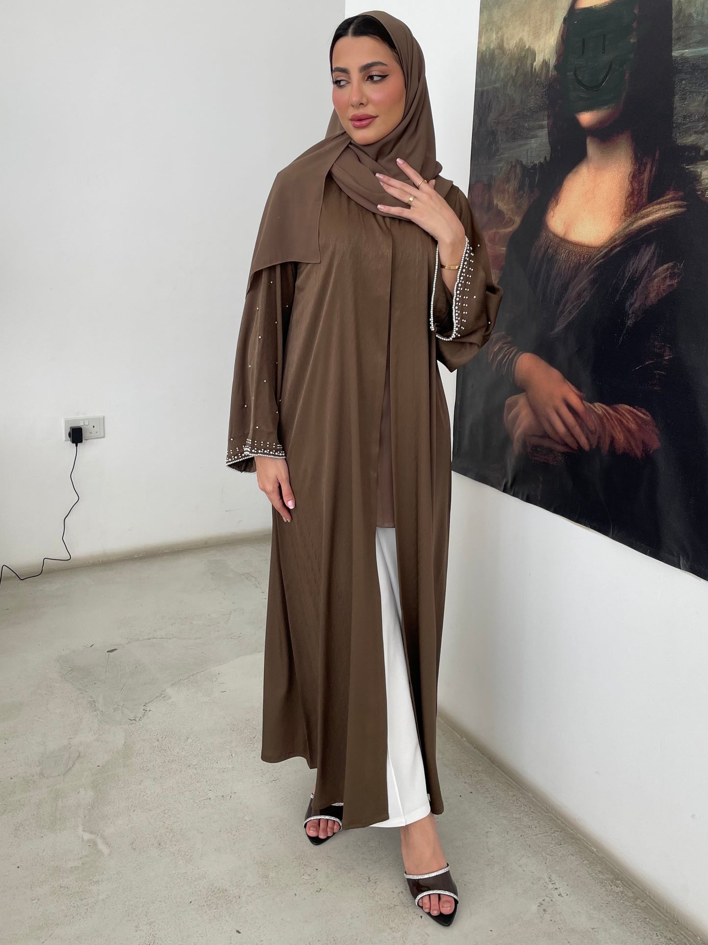 S360 - Brown straight cut abaya with pearls.