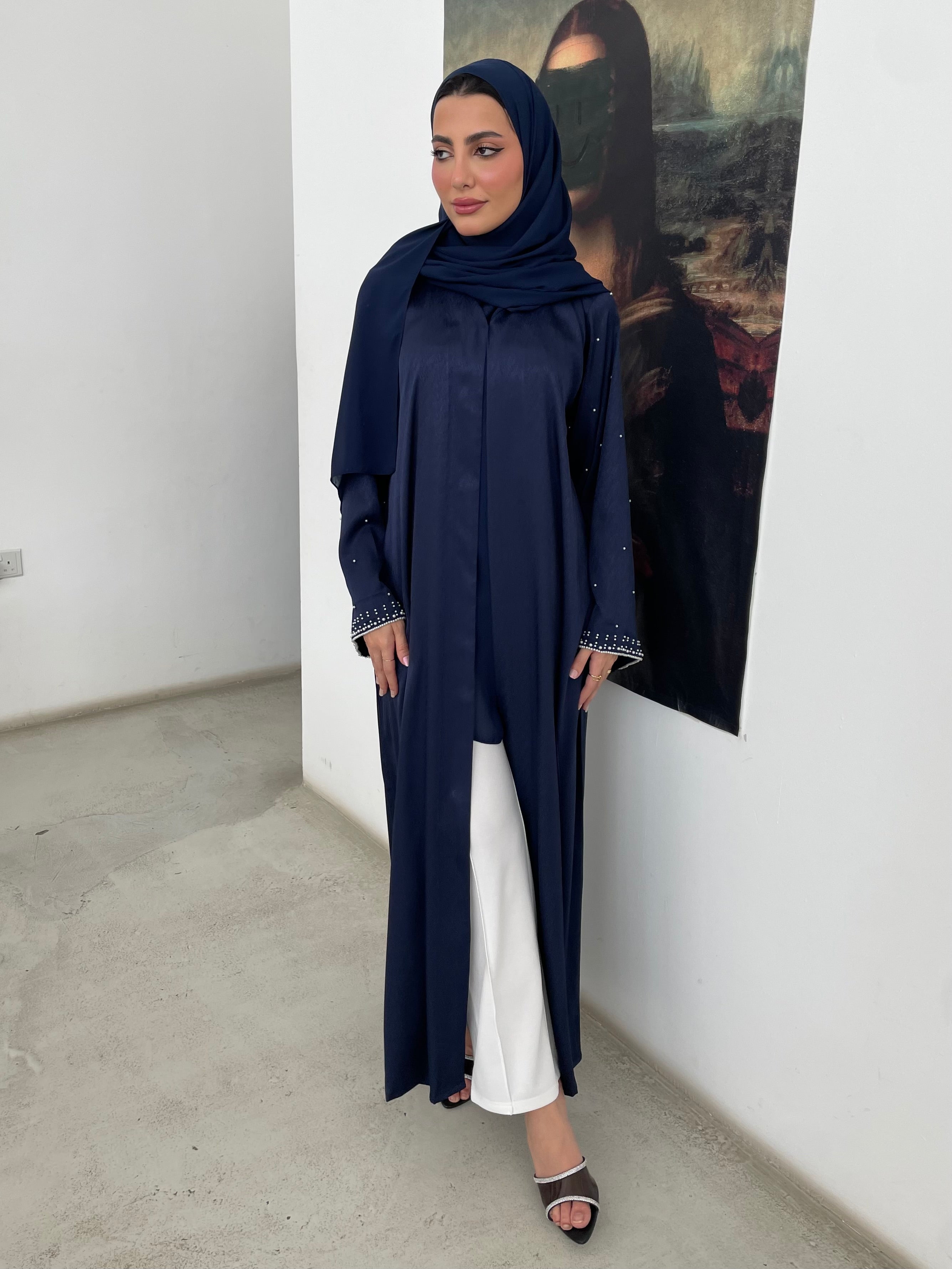 S359 - Navy blue straight cut abaya with pearls.