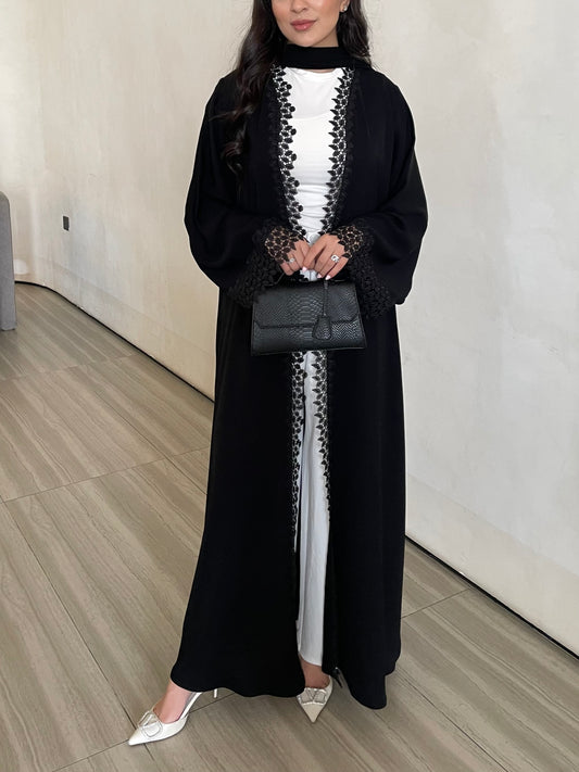 S395 - light fabric black abaya with dantel