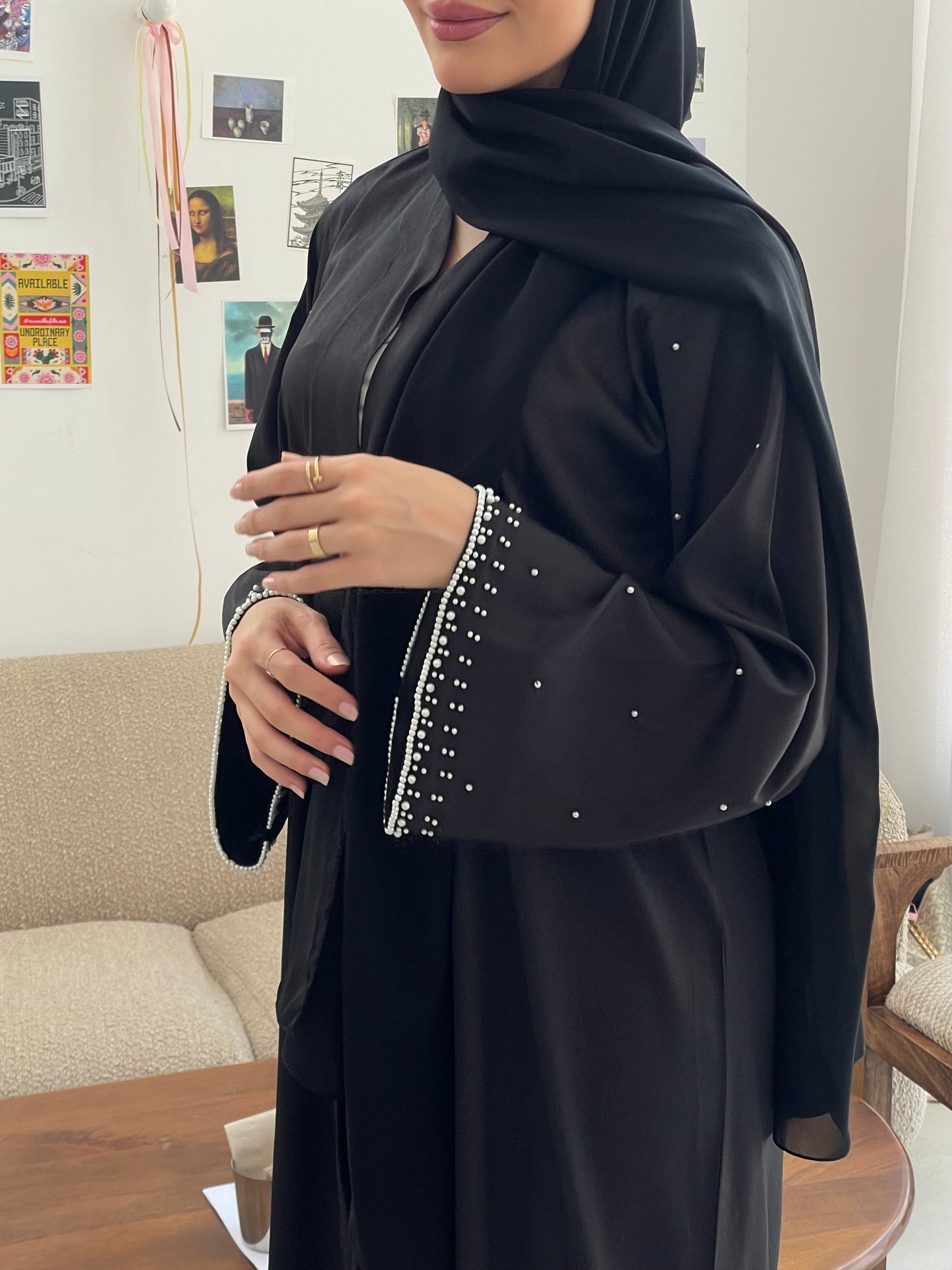 S358 - Black straight cut abaya with pearls.