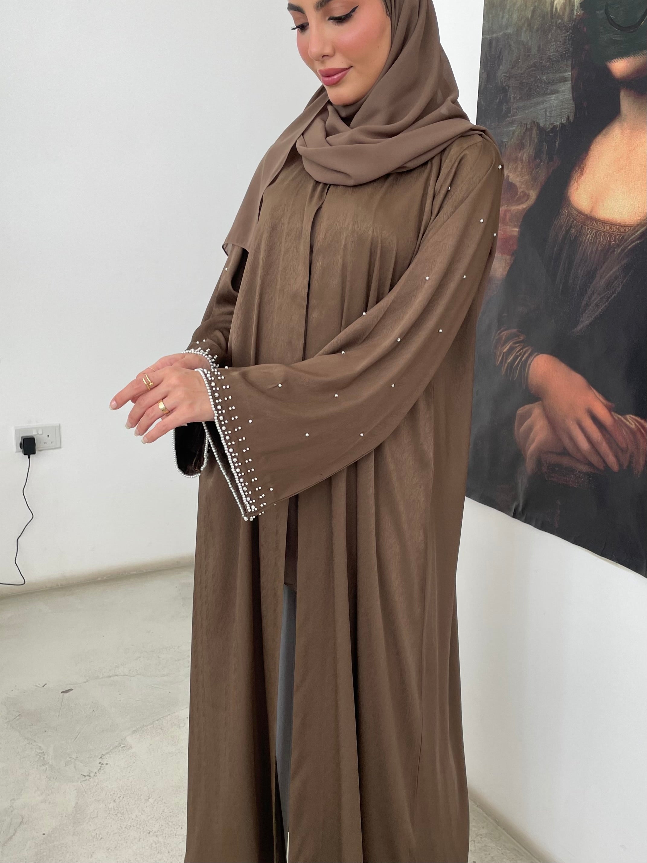S360 - Brown straight cut abaya with pearls.