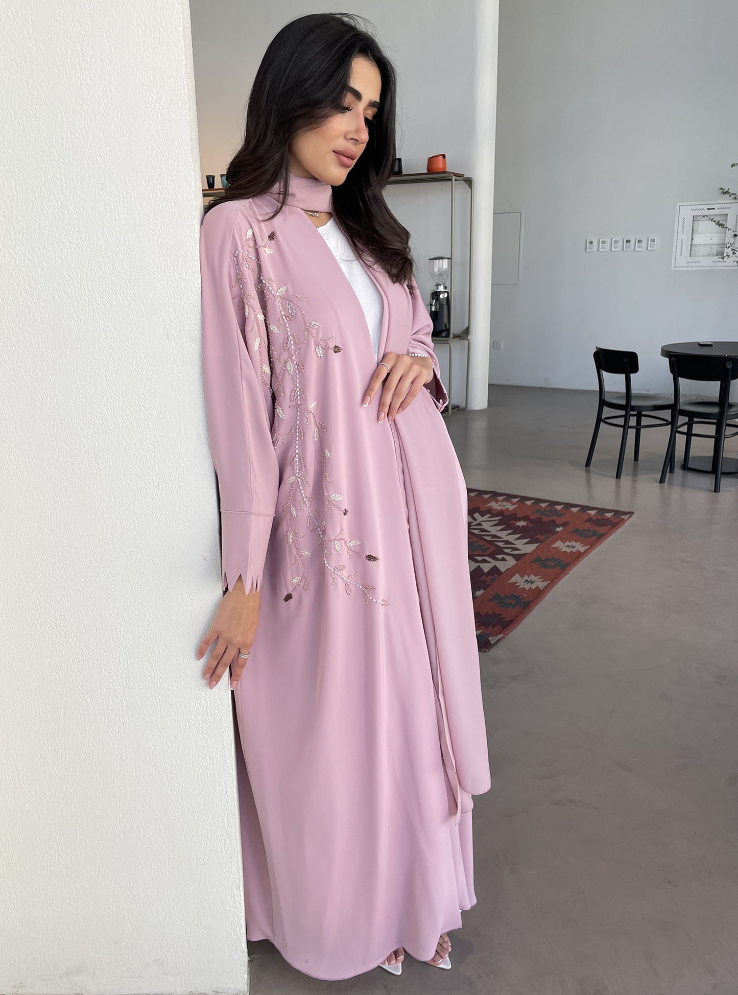 S113 - Pink bisht abaya with crystals