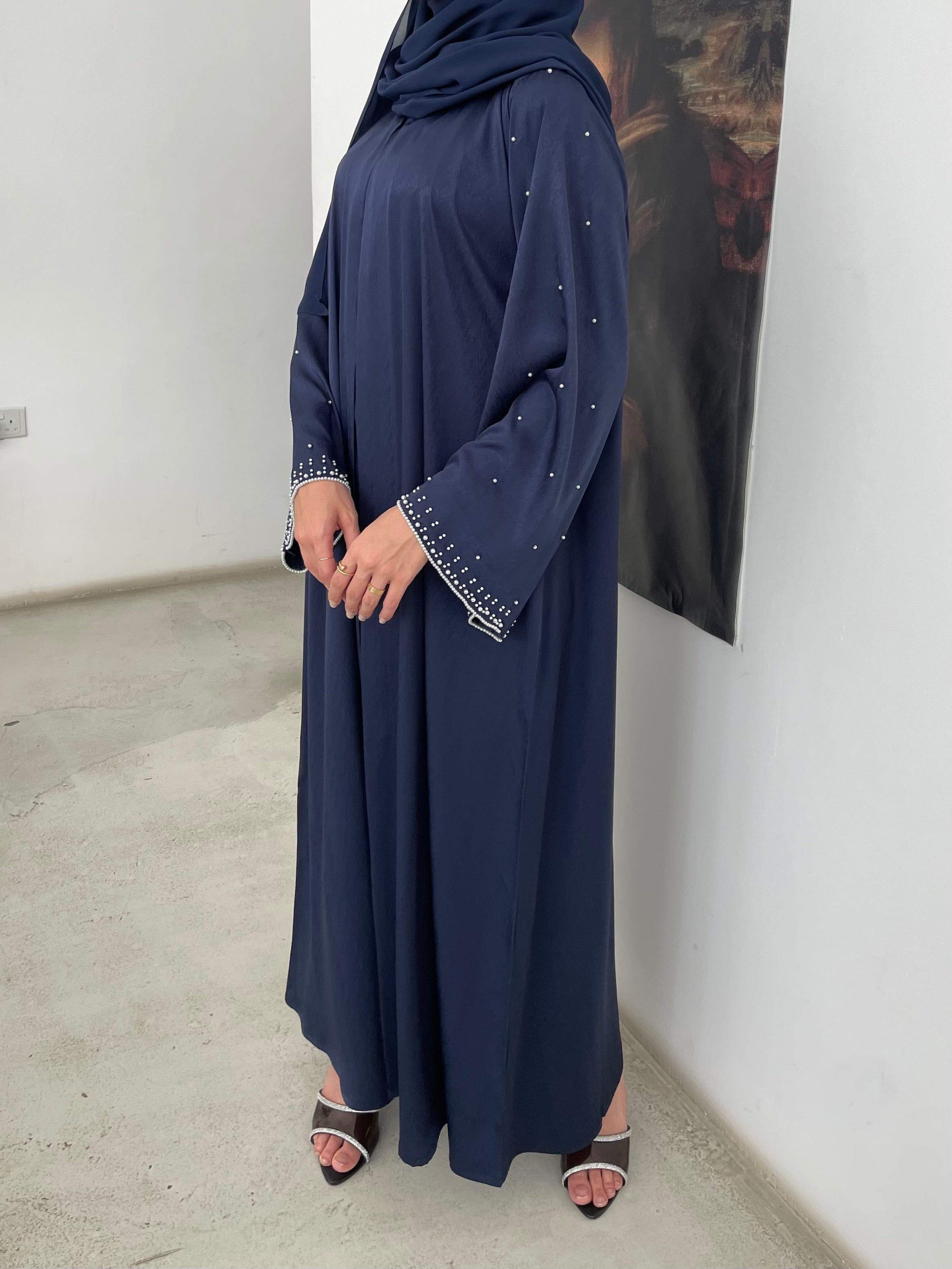 S359 - Navy blue straight cut abaya with pearls.