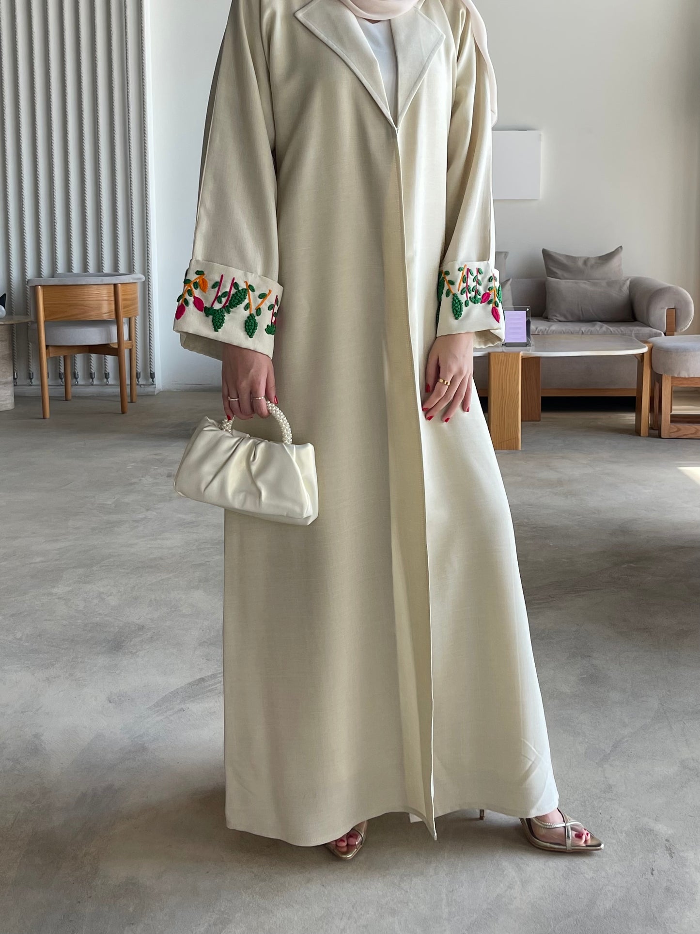 S045 - Half bisht linen abaya with floral design