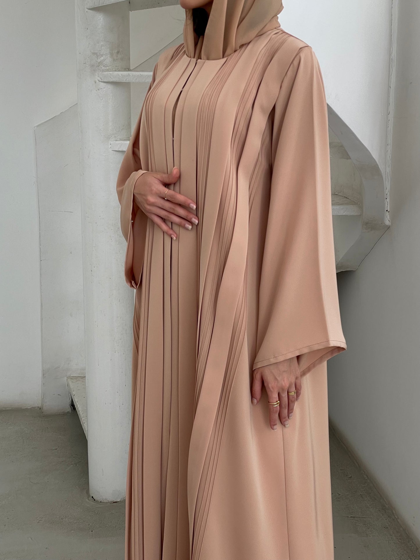 S355 - beige A shape abaya with headscarf.