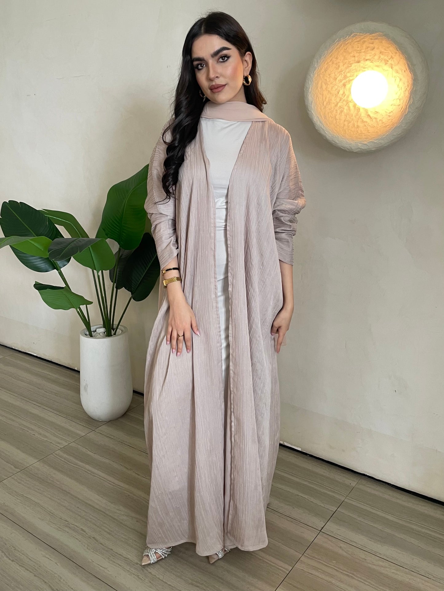 S386 - Light beige crepe bisht abaya