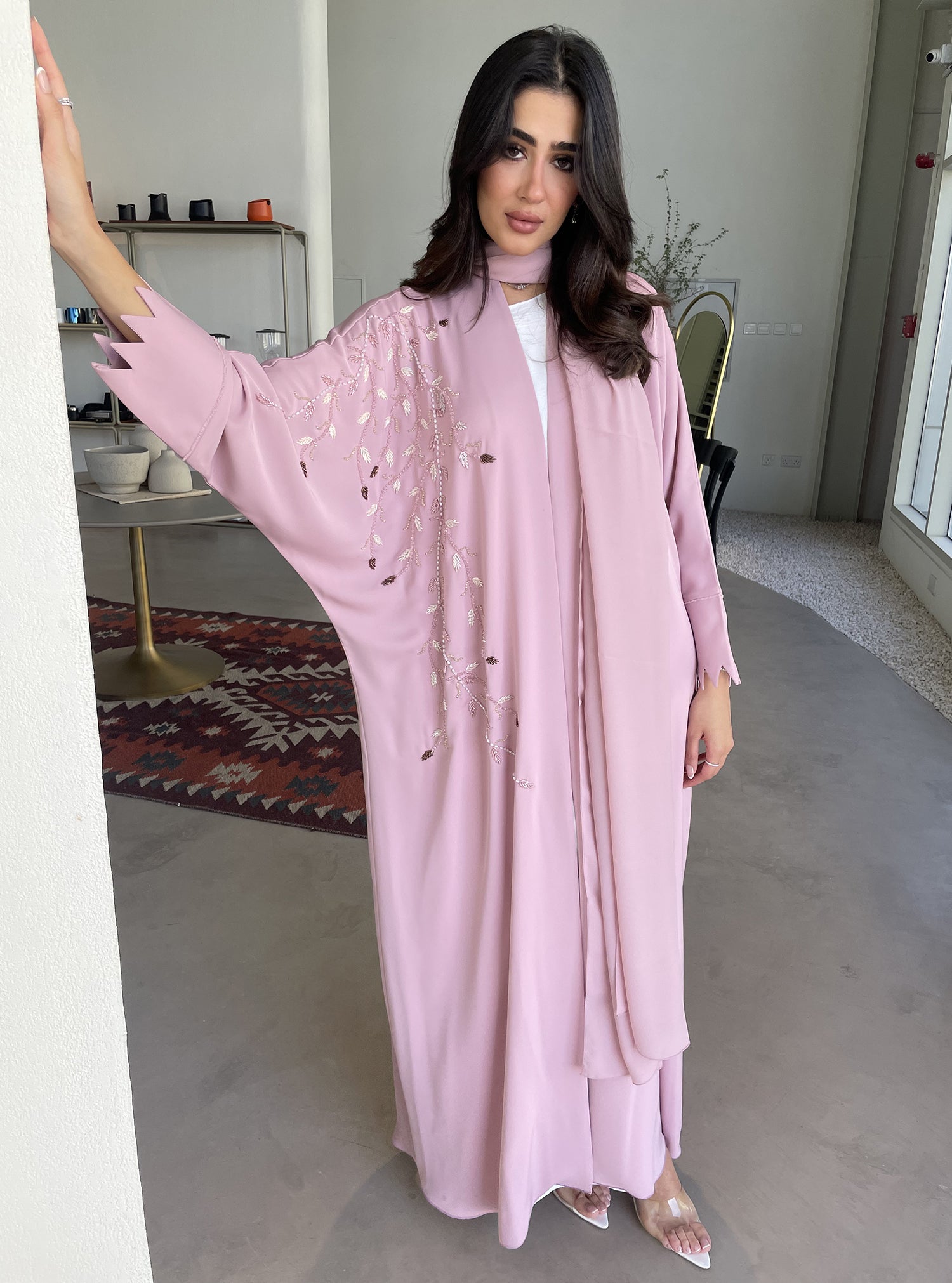 S113 - Pink bisht abaya with crystals
