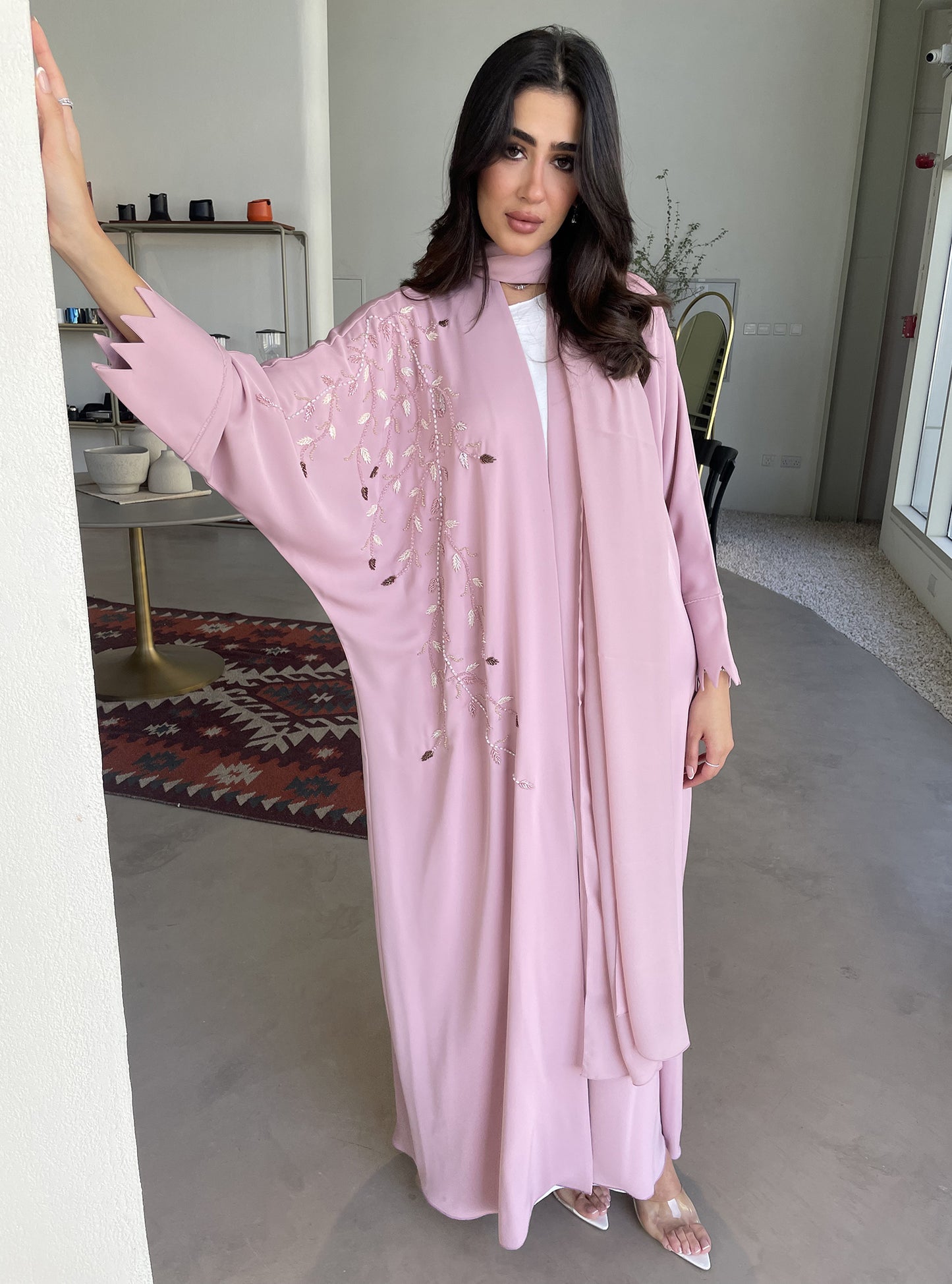 S113 - Pink bisht abaya with crystals