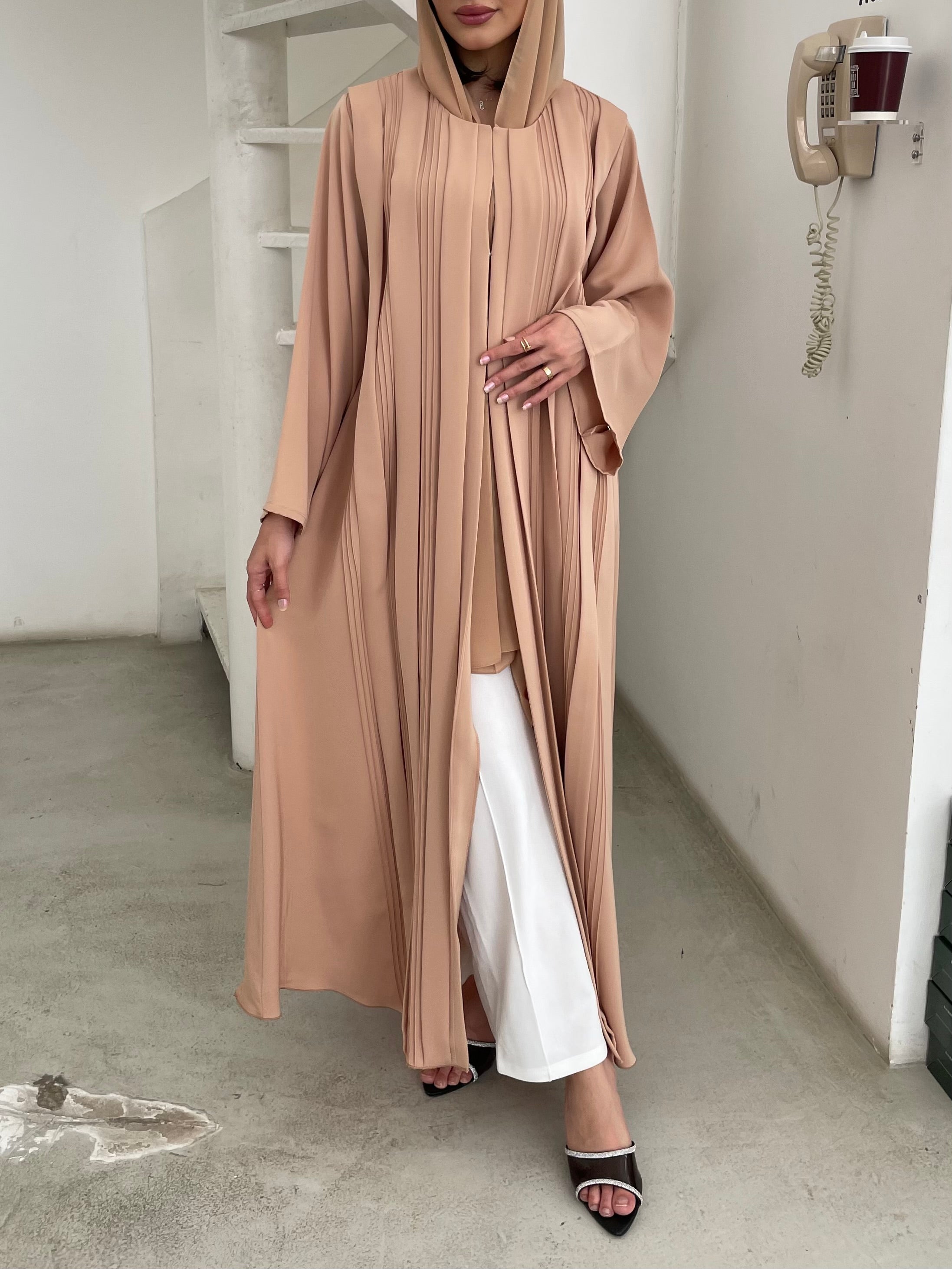 S355 - beige A shape abaya with headscarf.