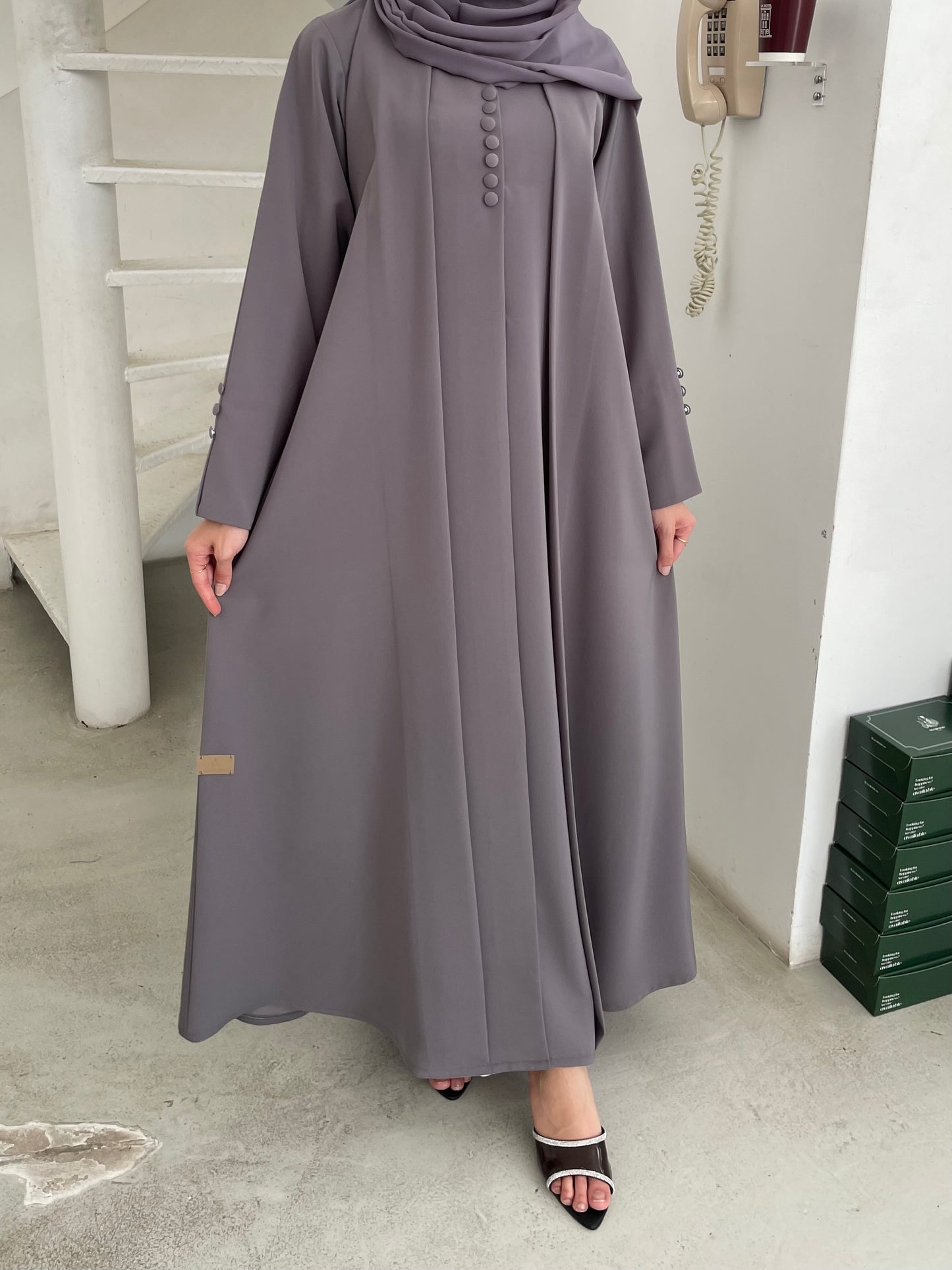 S357 - Grey formal abaya & headscarf.