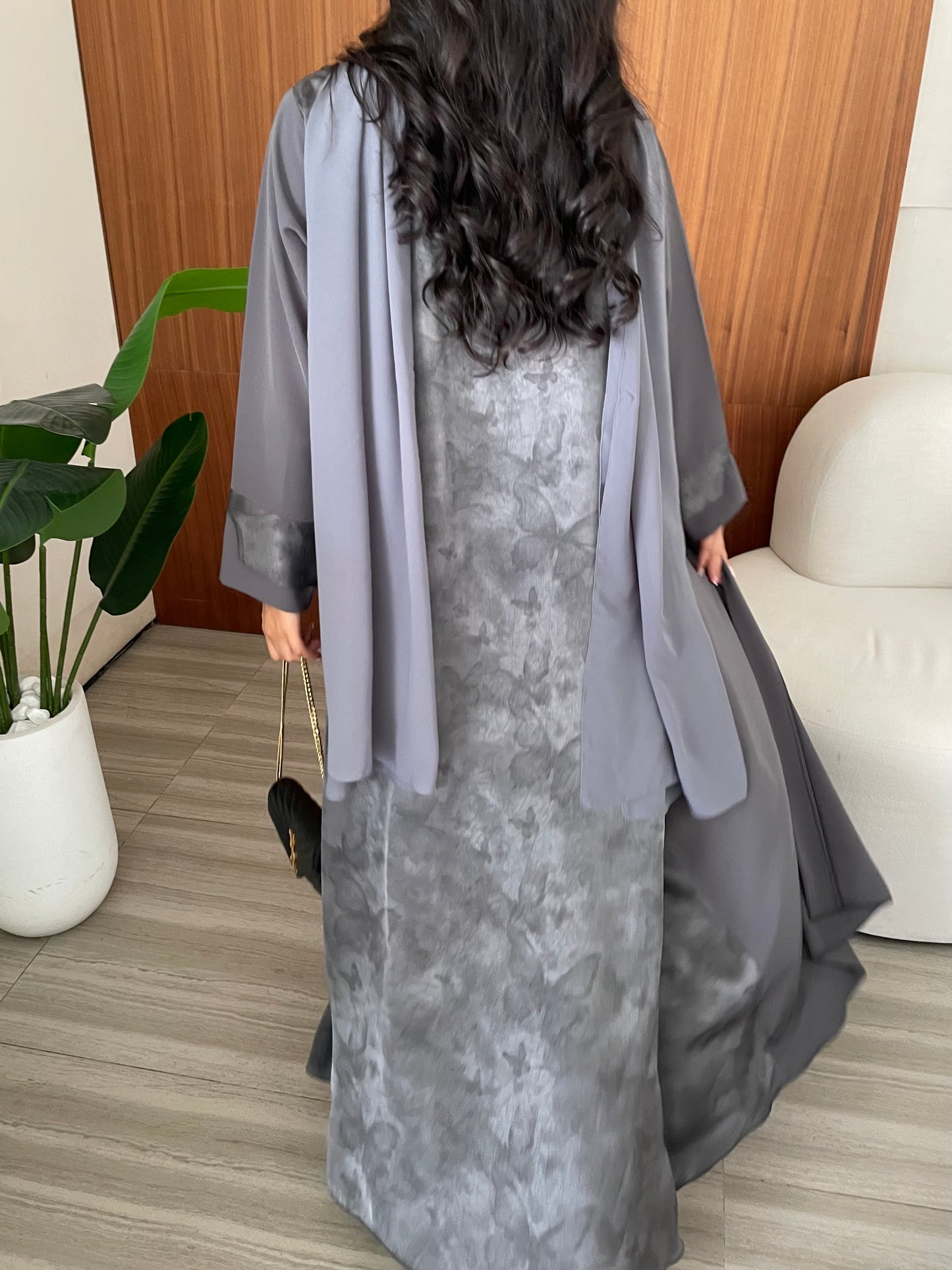 S410 - Grey abaya with butterfly print