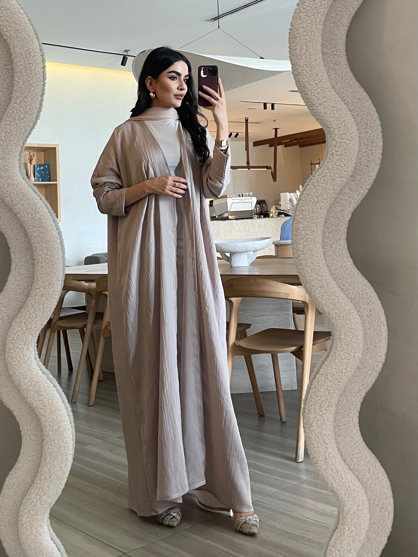 S386 - Light beige crepe bisht abaya
