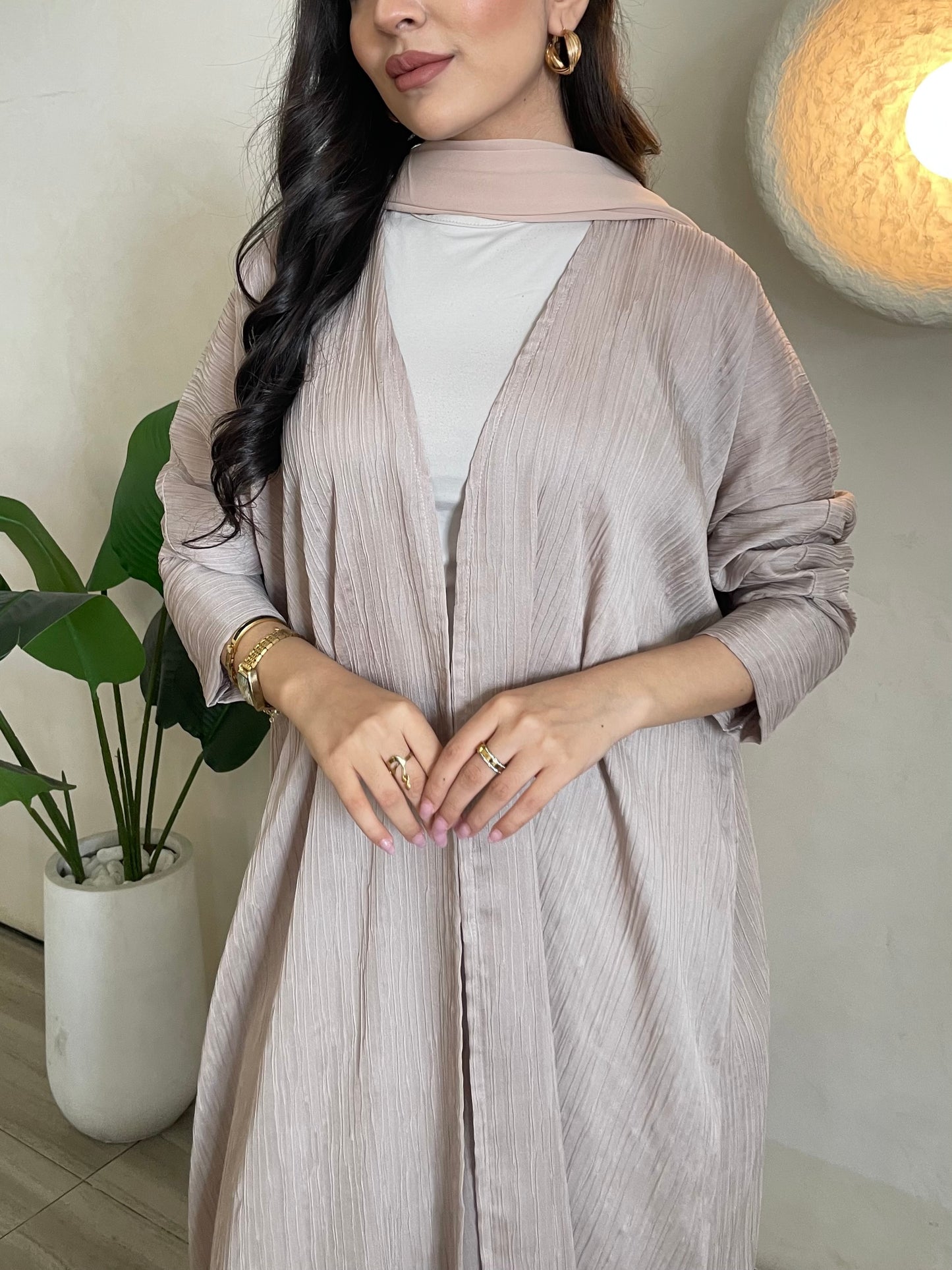 S386 - Light beige crepe bisht abaya