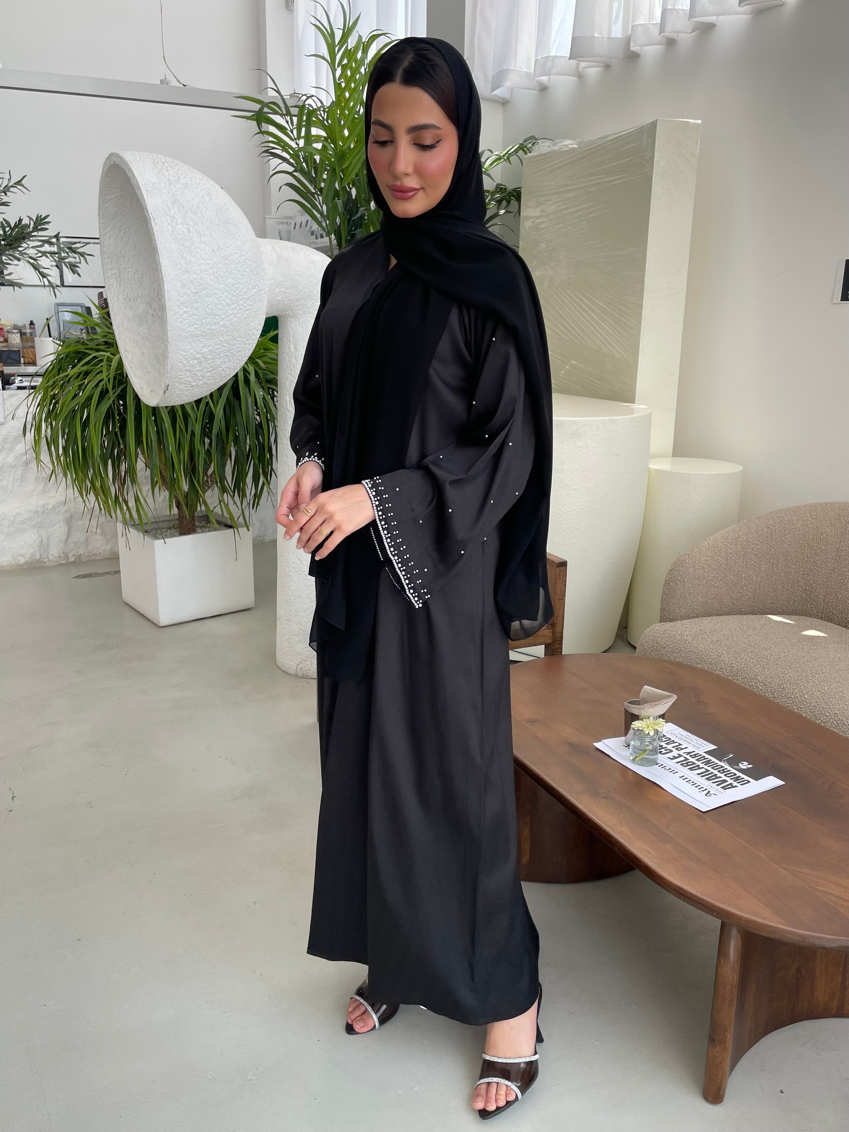 S358 - Black straight cut abaya with pearls.