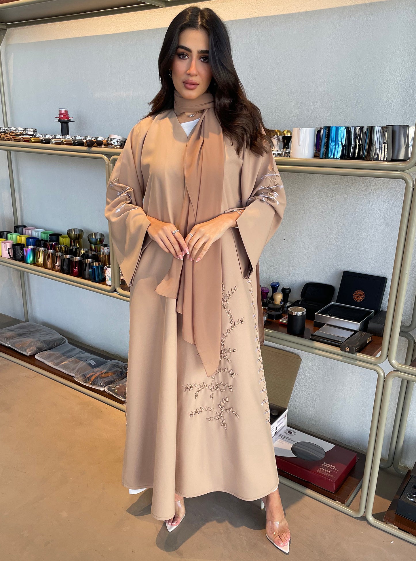 S110 - straight cut beige abaya with strings
