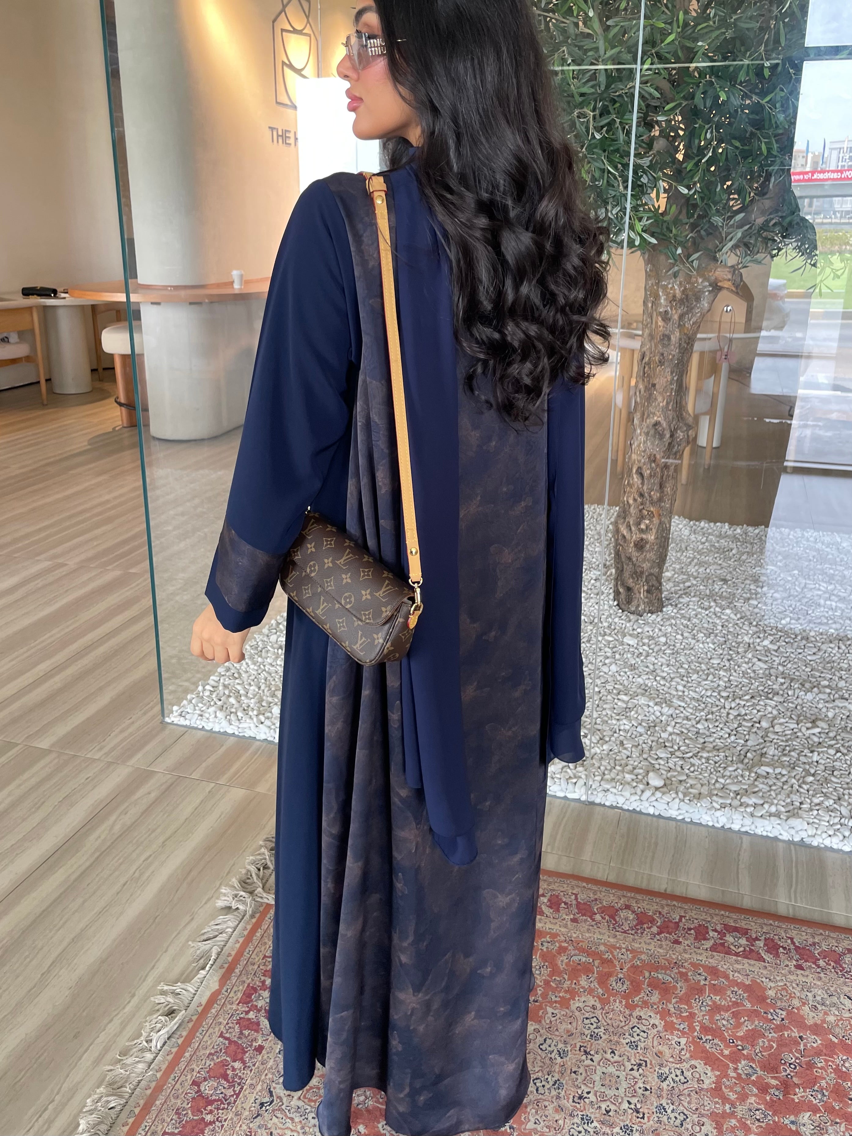 S411 - Navy A shape abaya with butterfly print