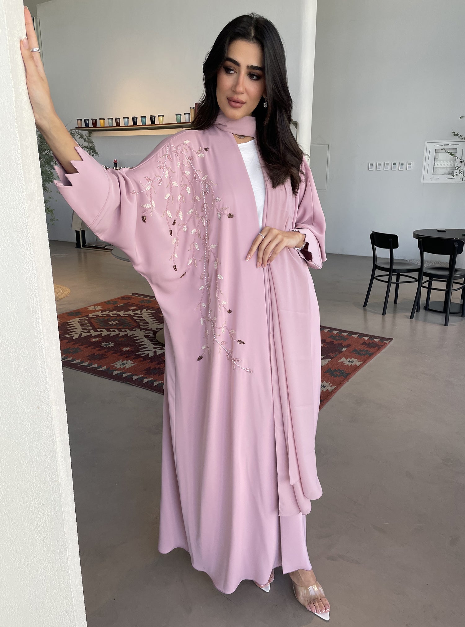 S113 - Pink bisht abaya with crystals