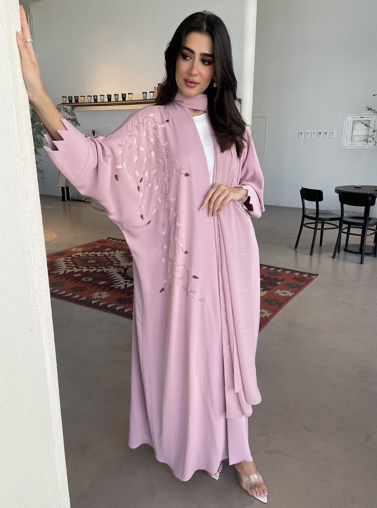 S113 - Pink bisht abaya with crystals