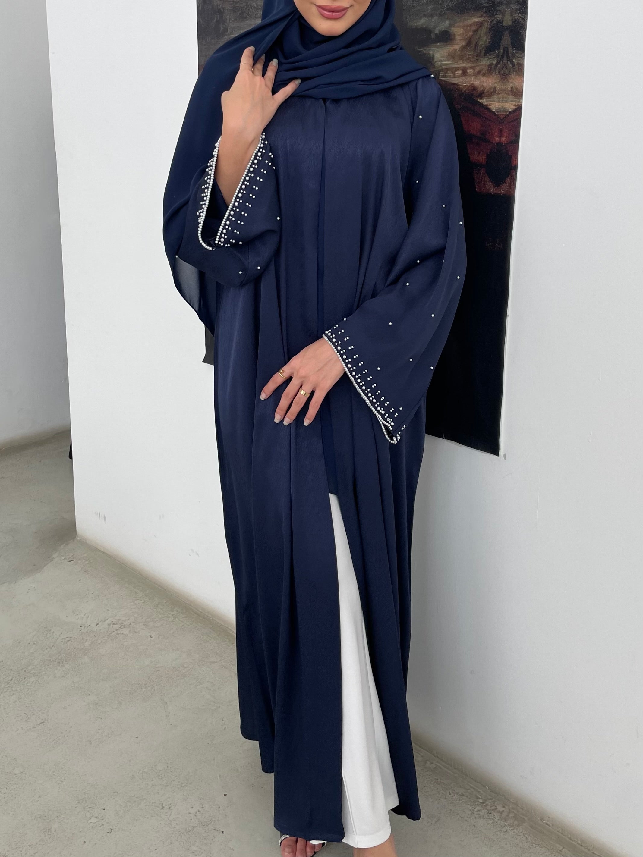 S359 - Navy blue straight cut abaya with pearls.