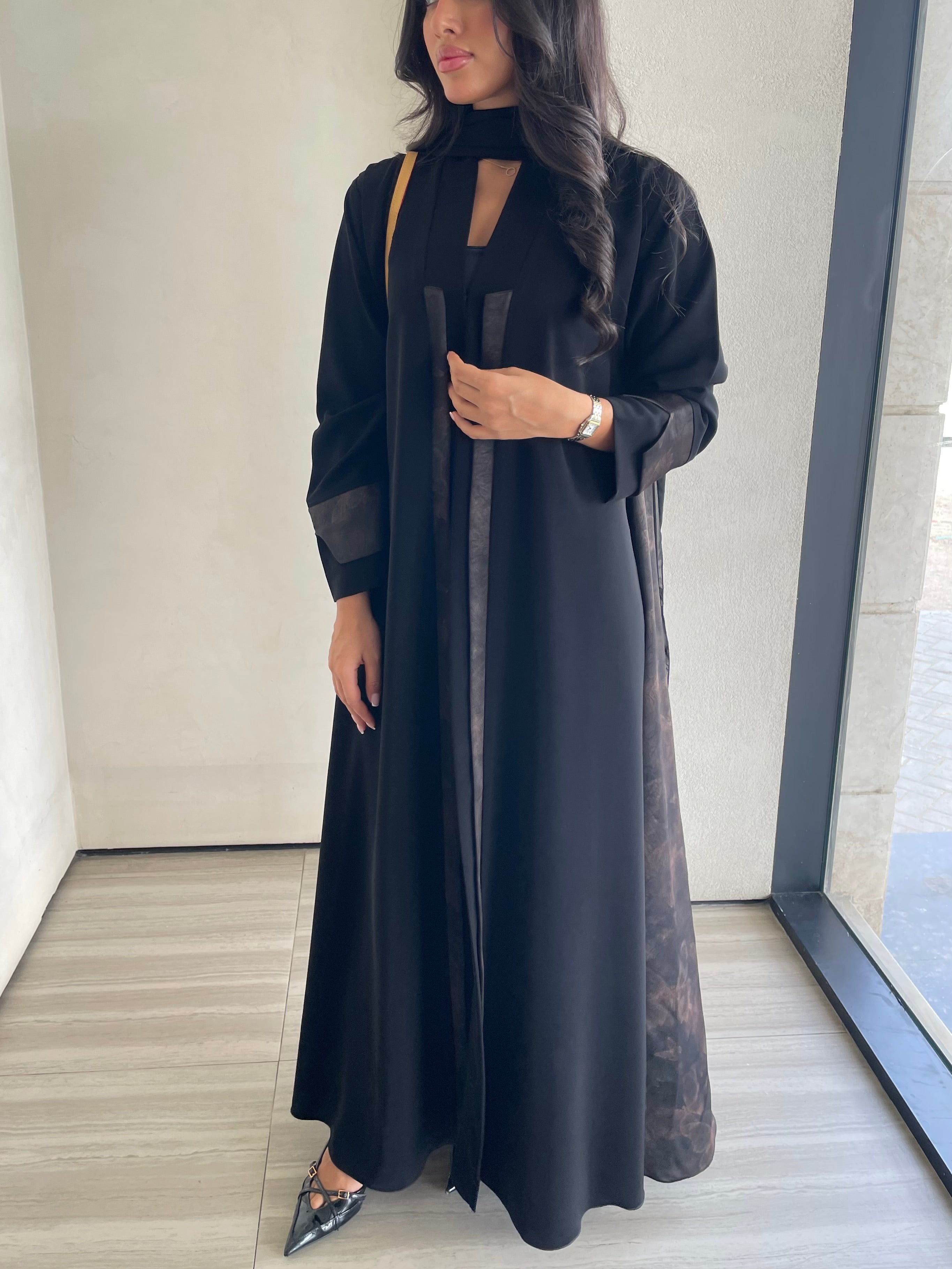S408 - Black abaya with butterfly print.