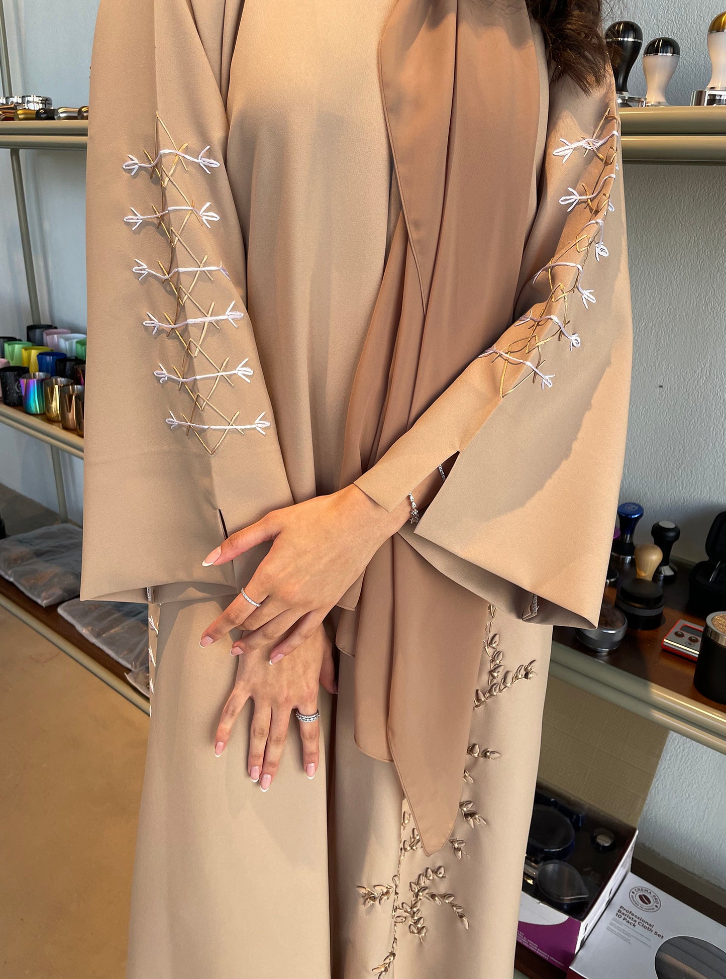 S110 - straight cut beige abaya with strings