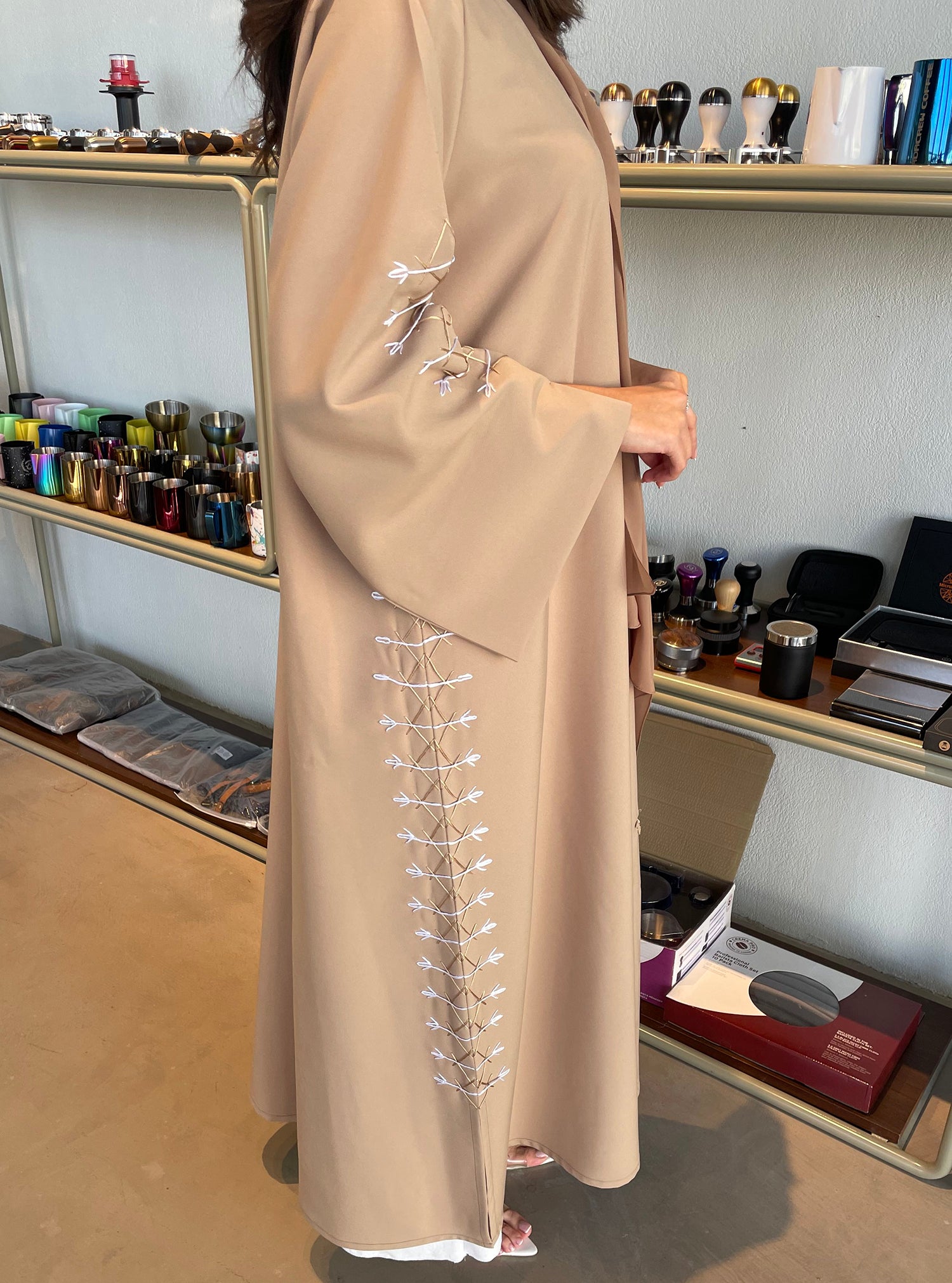 S110 - straight cut beige abaya with strings